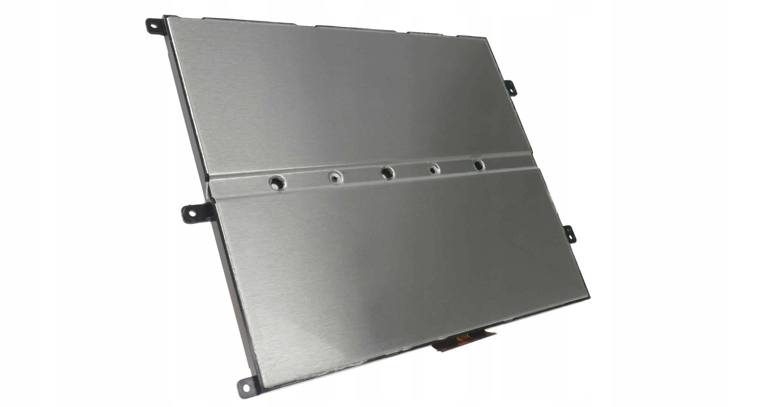 Srebrny ekran z czarnymi wspornikami i otworami na śruby.