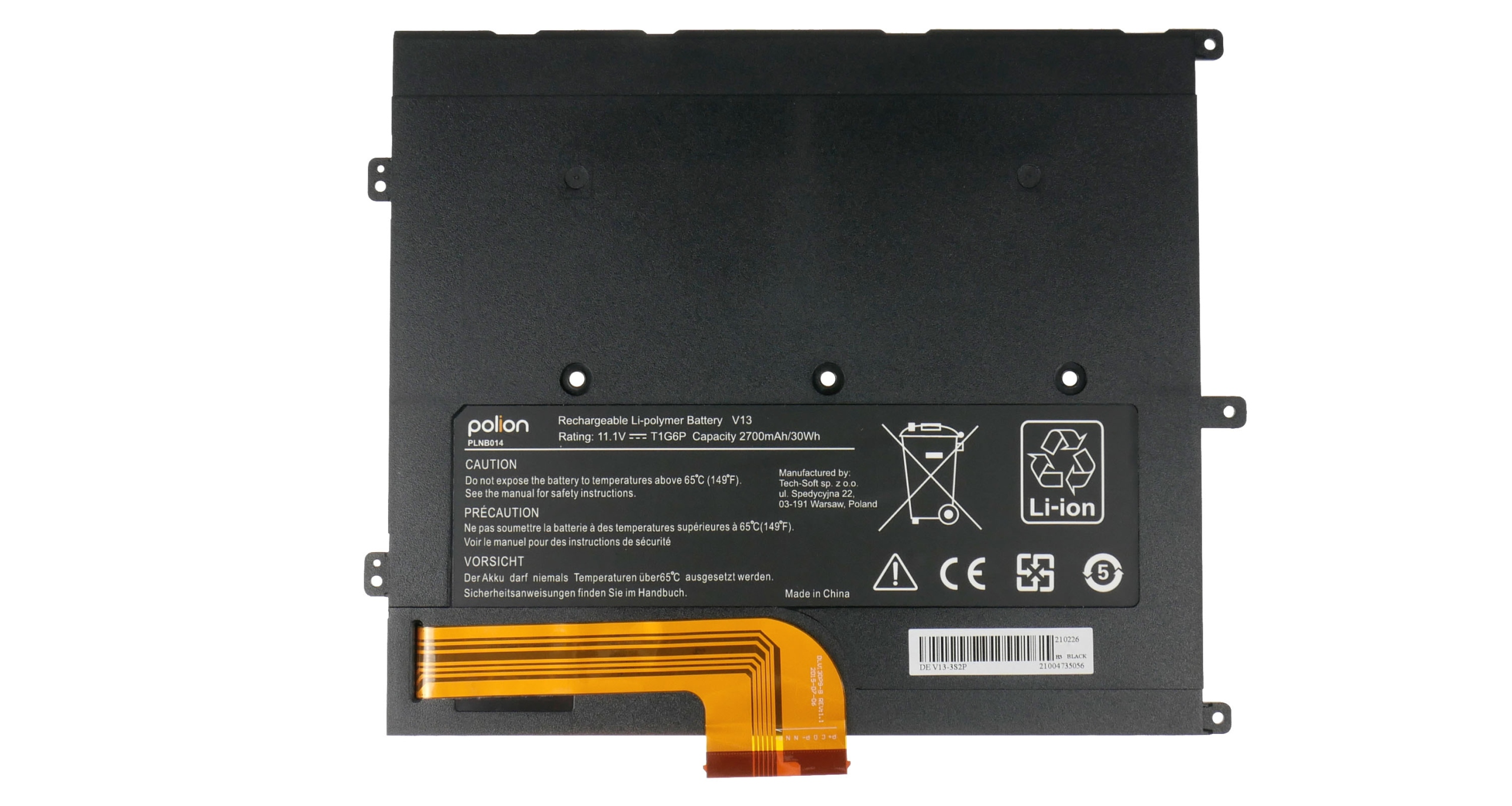 Czarna bateria litowo-polimerowa z taśmą. Zawiera ostrzeżenia i specyfikacje.