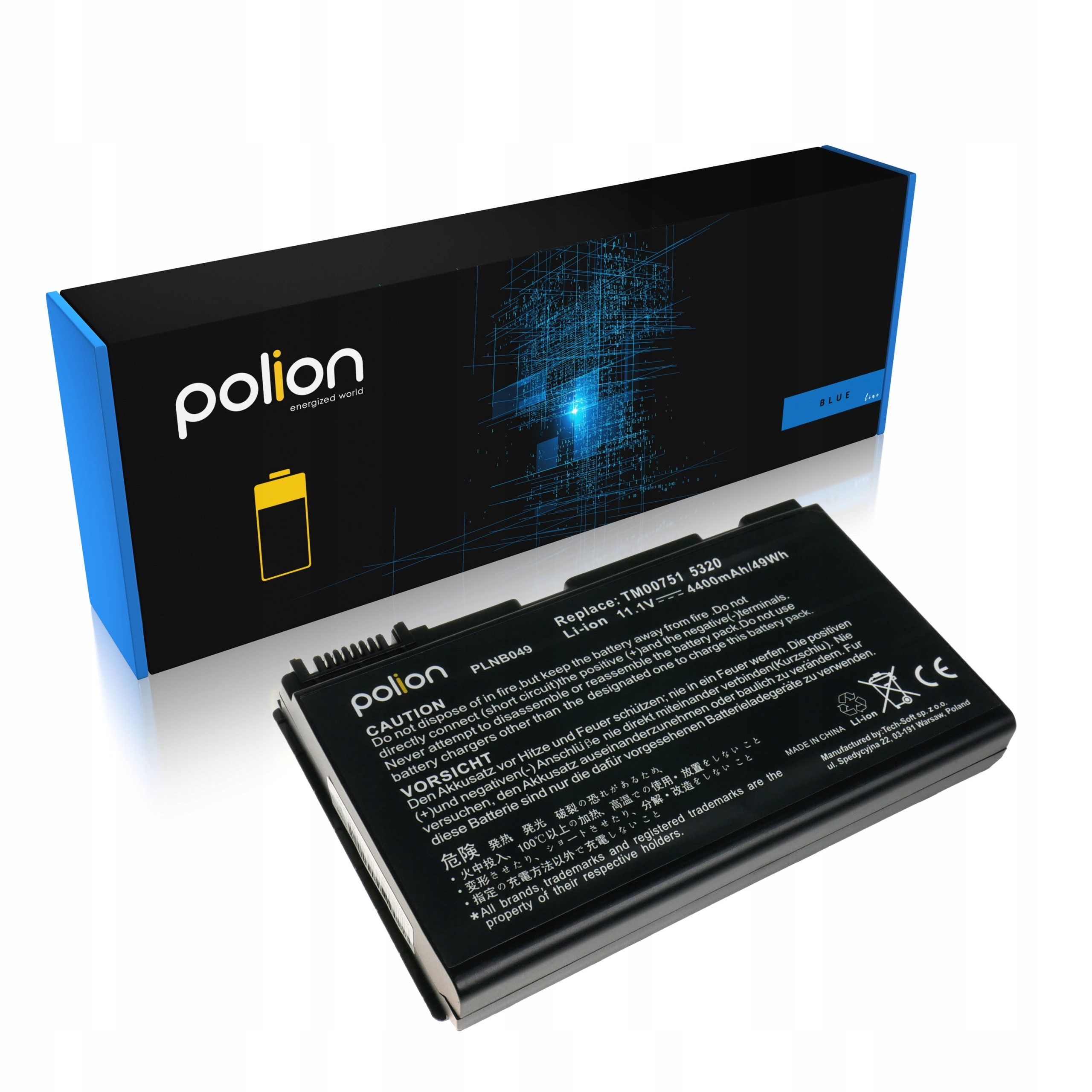 Czarna bateria do laptopa z białymi i niebieskimi oznaczeniami, leżąca na błyszczącej powierzchni.