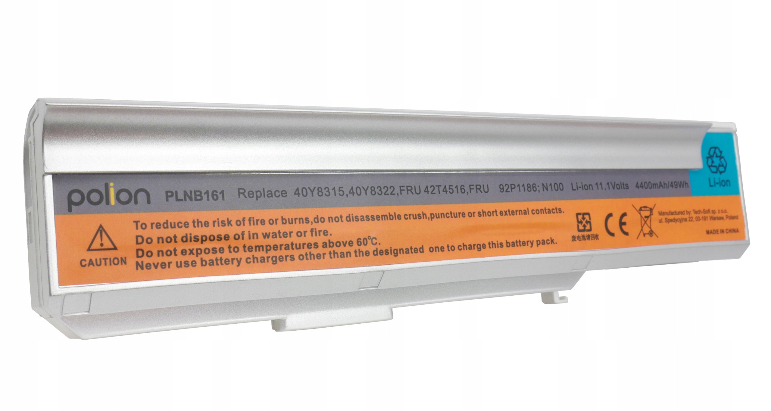 Biały akumulator z naklejkami pokazującymi markę i ostrzeżenia.