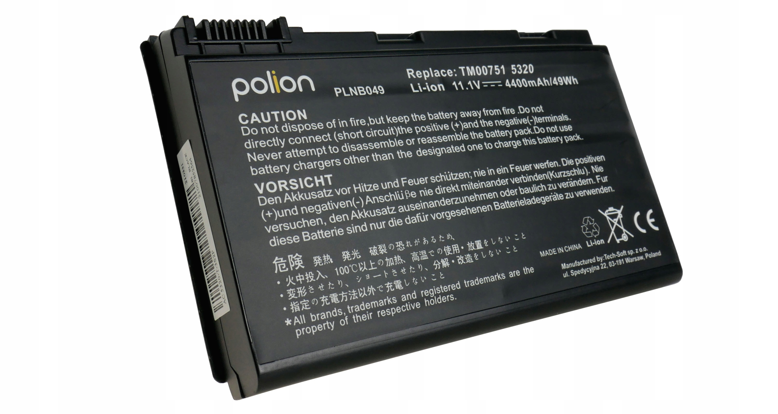 Czarny akumulator Li-ion z ostrzeżeniami i oznaczeniem CE.