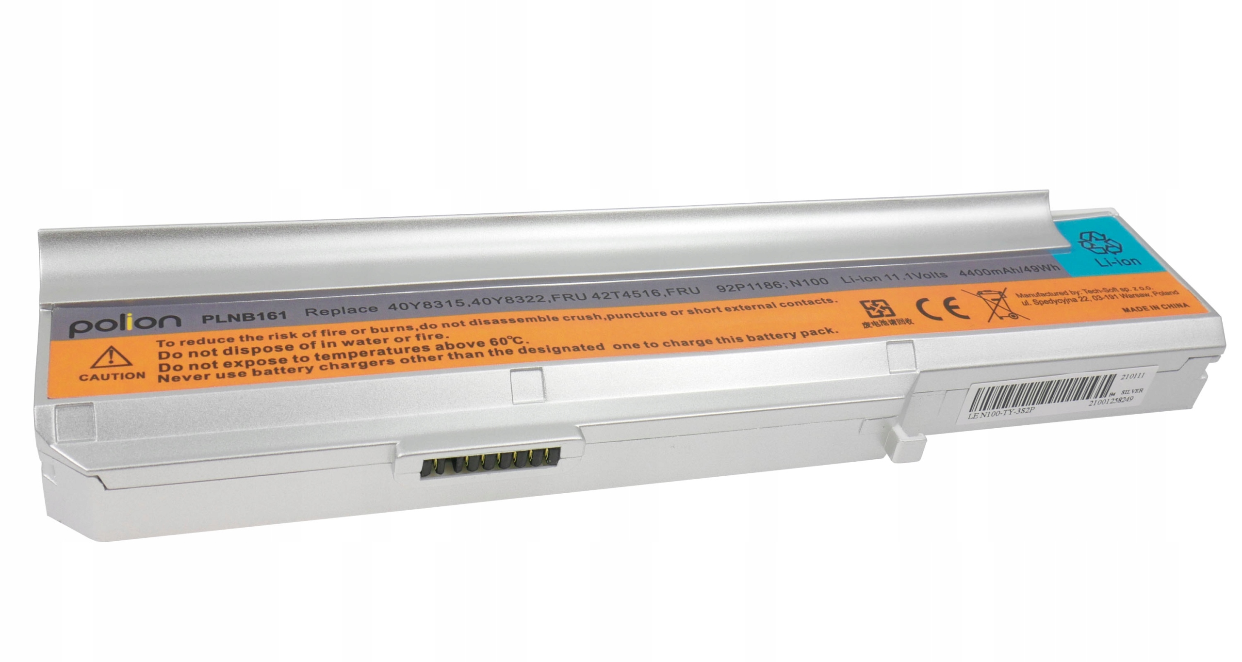 Srebrna bateria do laptopa z etykietami ostrzegawczymi i detalami.