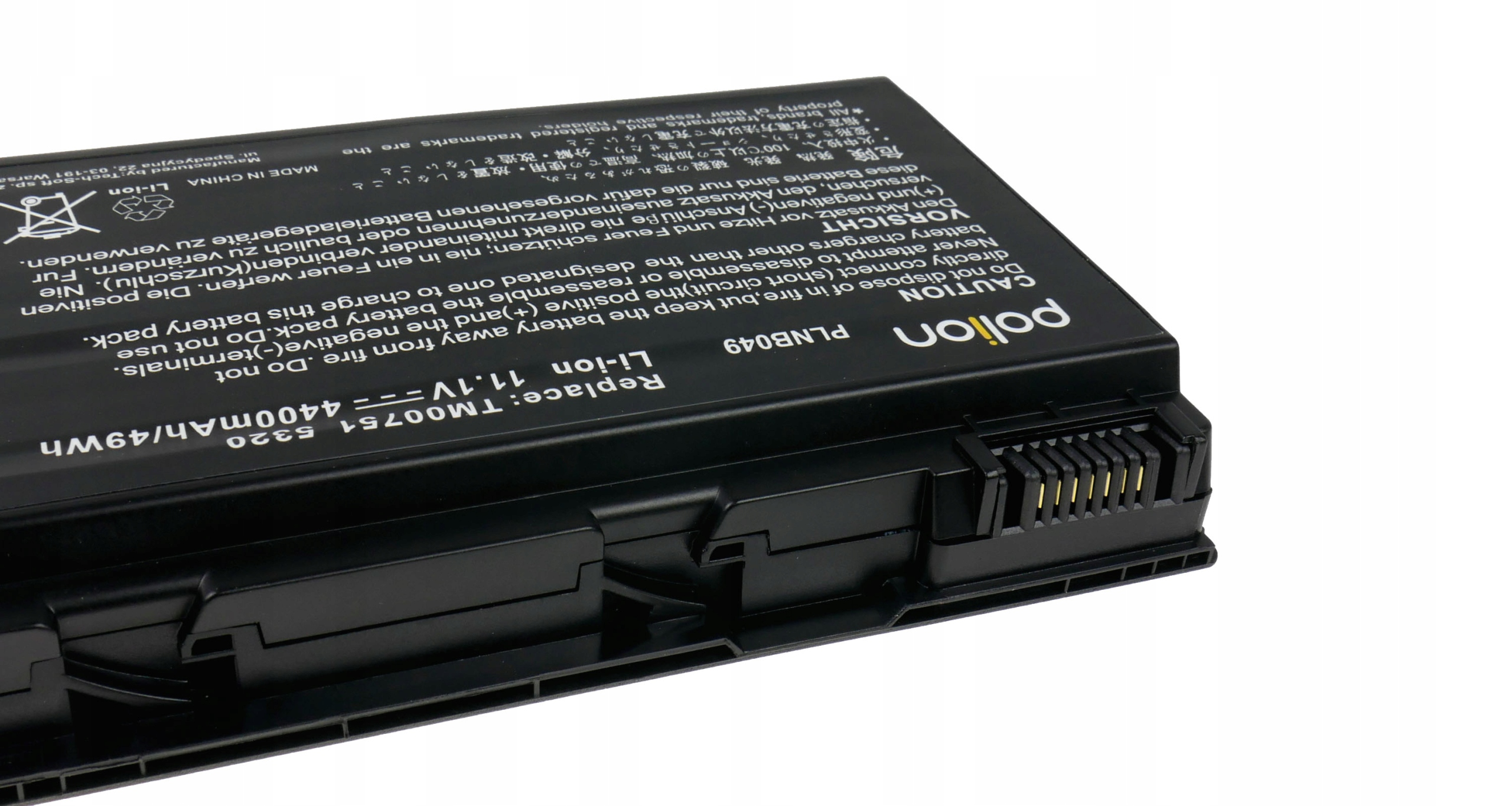 Czarny akumulator Li-ion z ostrzeżeniami i specyfikacjami.