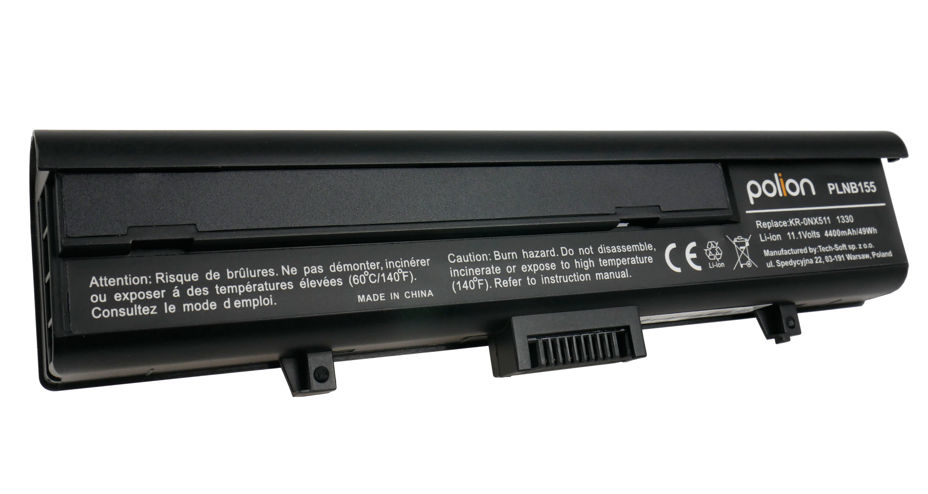 Czarna bateria do laptopa z ostrzeżeniami i specyfikacjami.