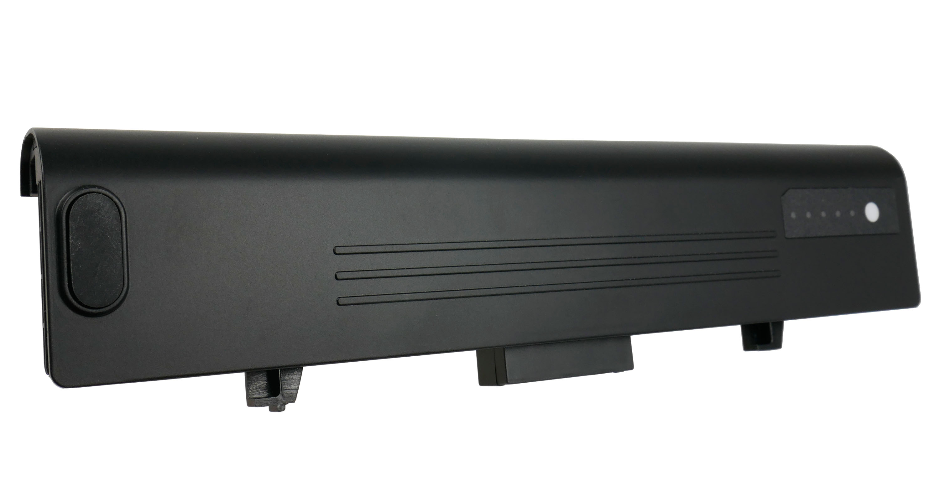 Czarna bateria do laptopa ze wskaźnikami naładowania, na białym.