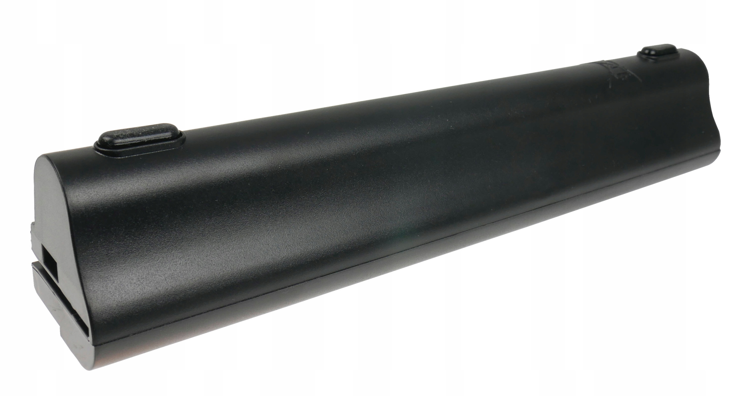 Czarna prostokątna bateria z dwoma przyciskami i złączami na jednym końcu.