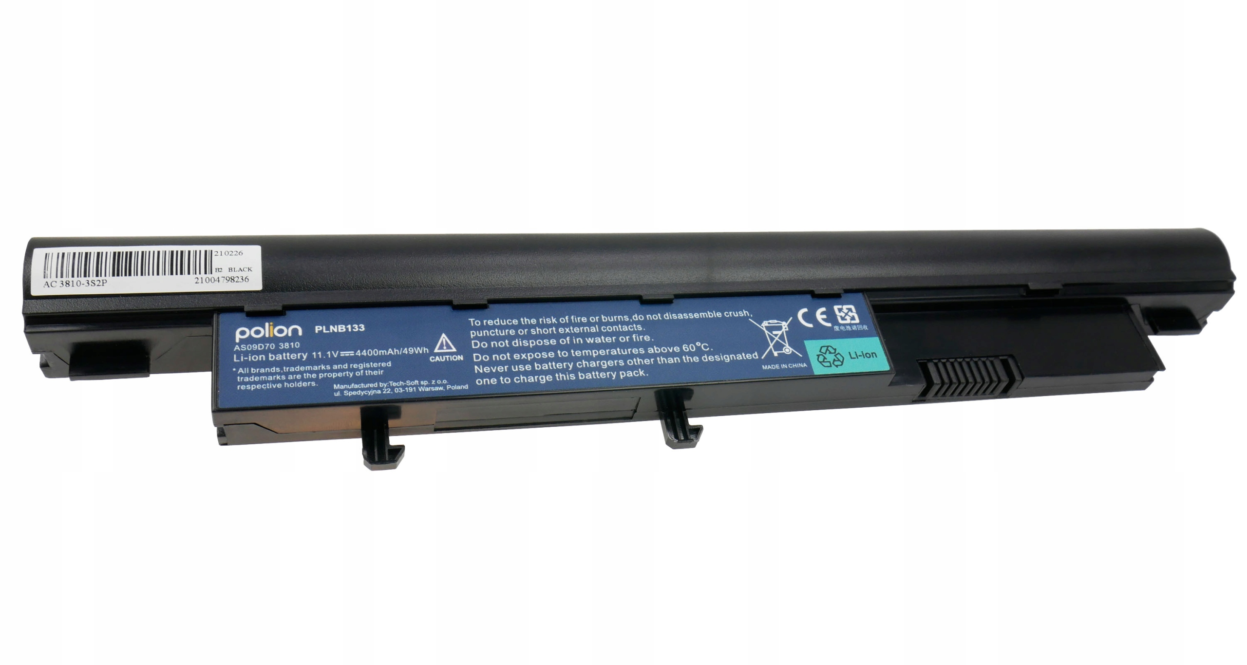 Czarna bateria do laptopa z etykietami, symbolami CE i Li-Ion.