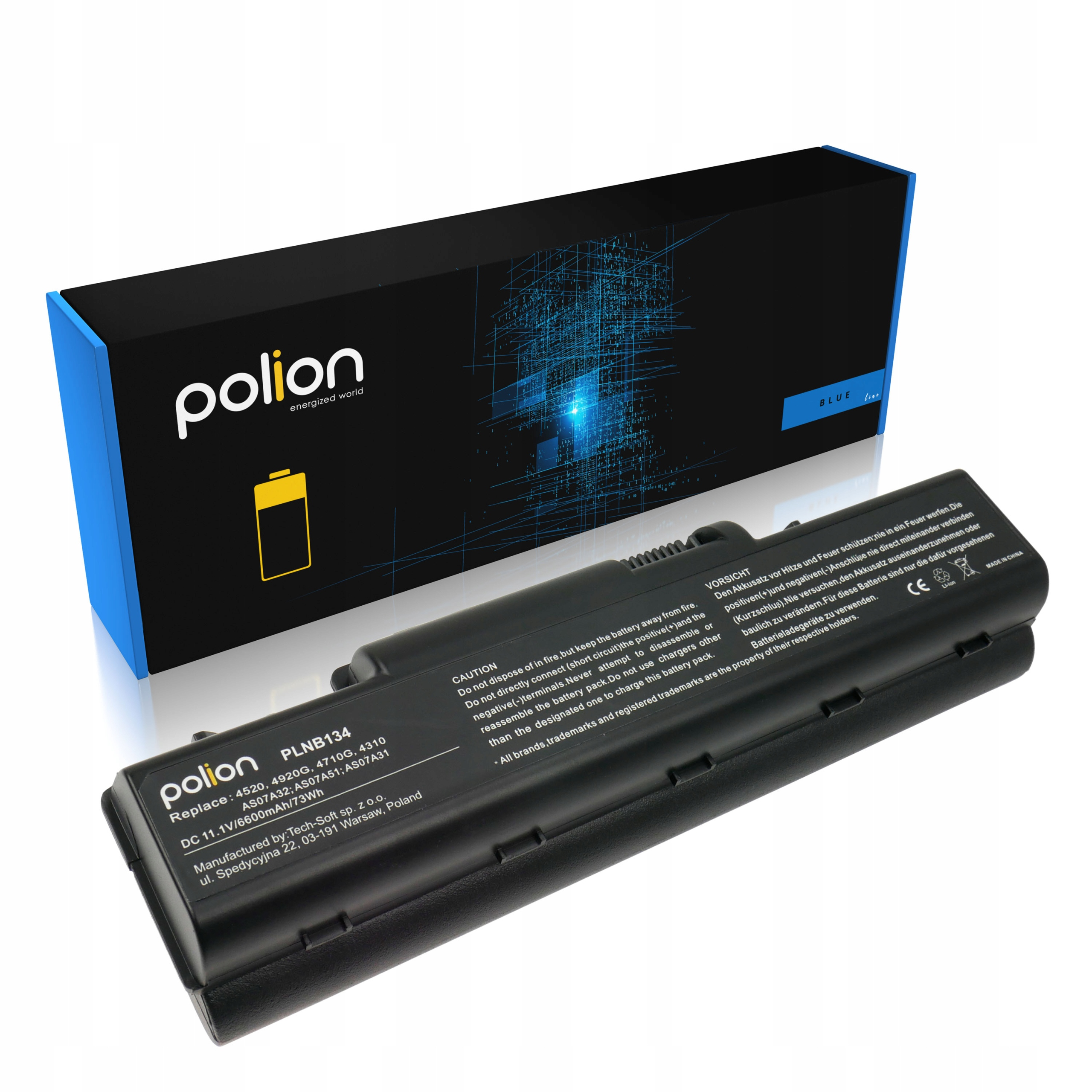 Czarny akumulator do laptopa z logo Polion i tekstem ostrzegawczym.