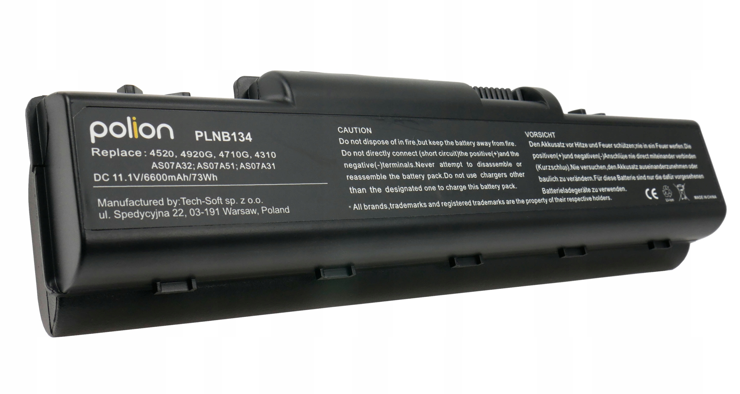 Czarny akumulator z napisem: Polion, PLNB134, 11.1V 6600mAh.