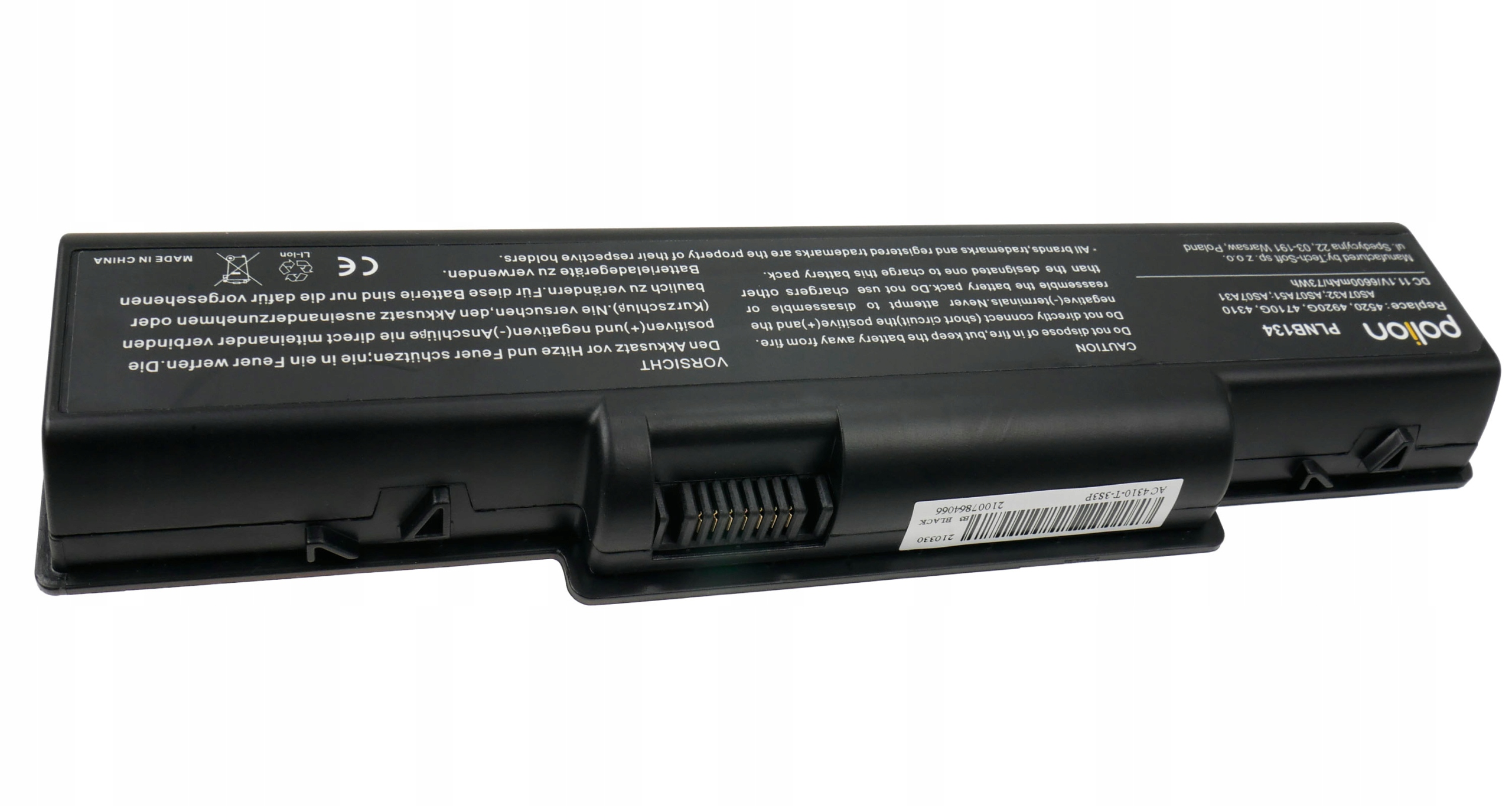 Czarna bateria do laptopa z napisami i złączami.