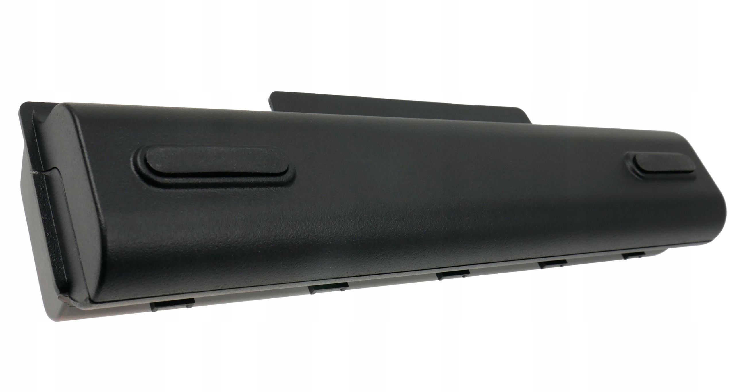 Czarna, prostokątna bateria do laptopa z zaokrąglonymi krawędziami.