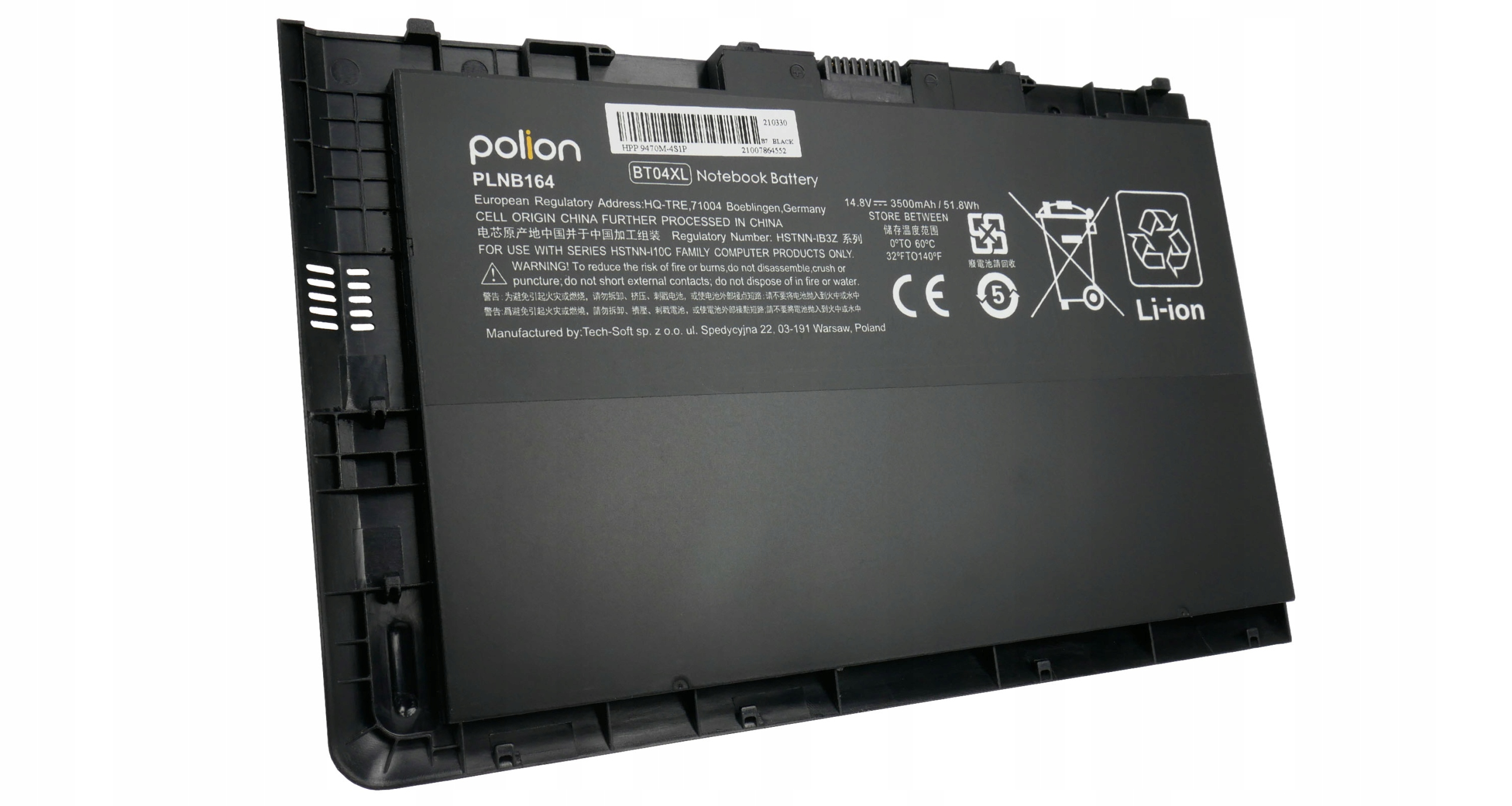 Czarna bateria do laptopa Li-ion, model BT04XL. Zawiera symbole i tekst ostrzegawczy.