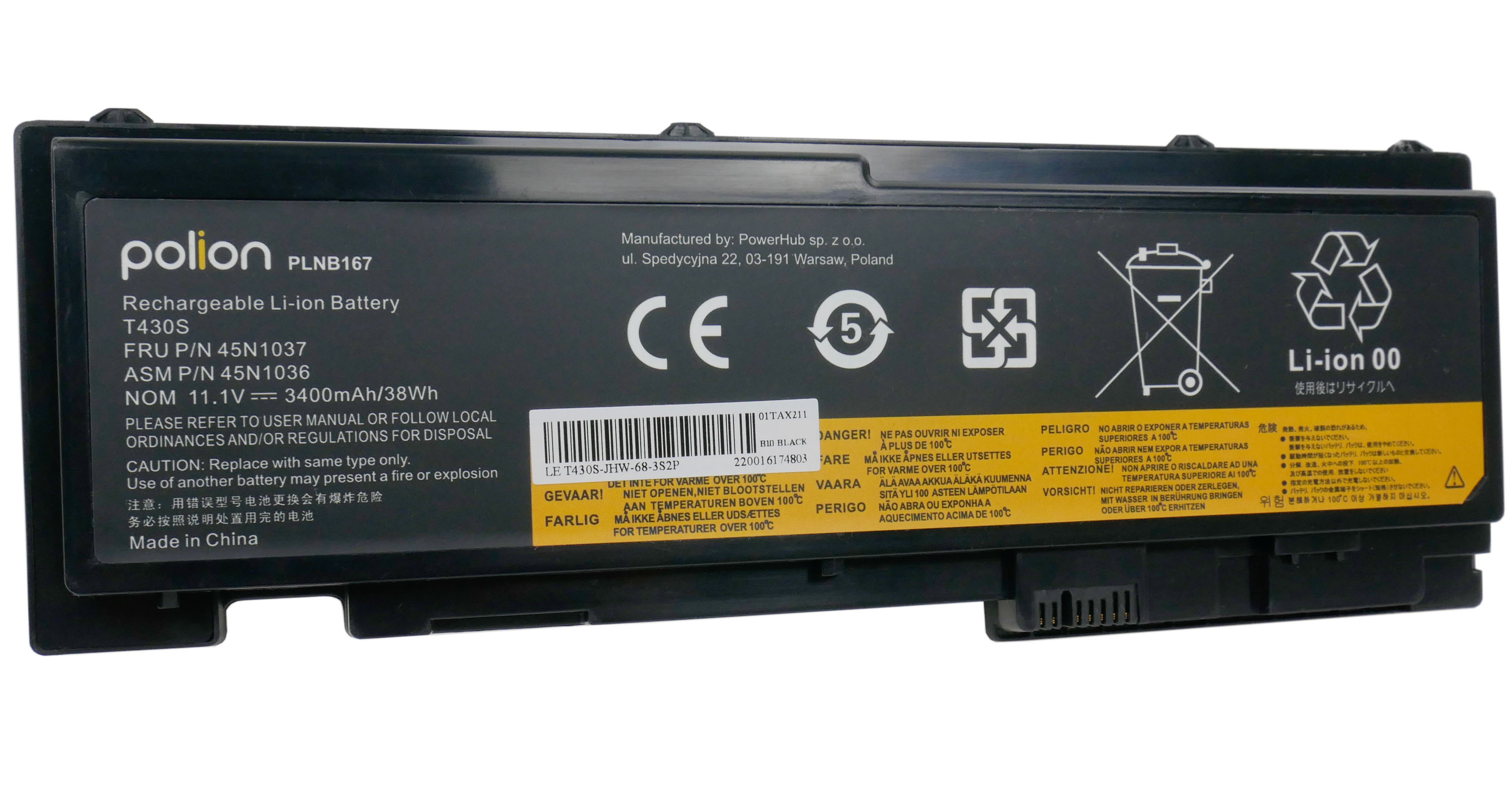 Czarna bateria do laptopa z logo Polion, model PLNB167, T430S.