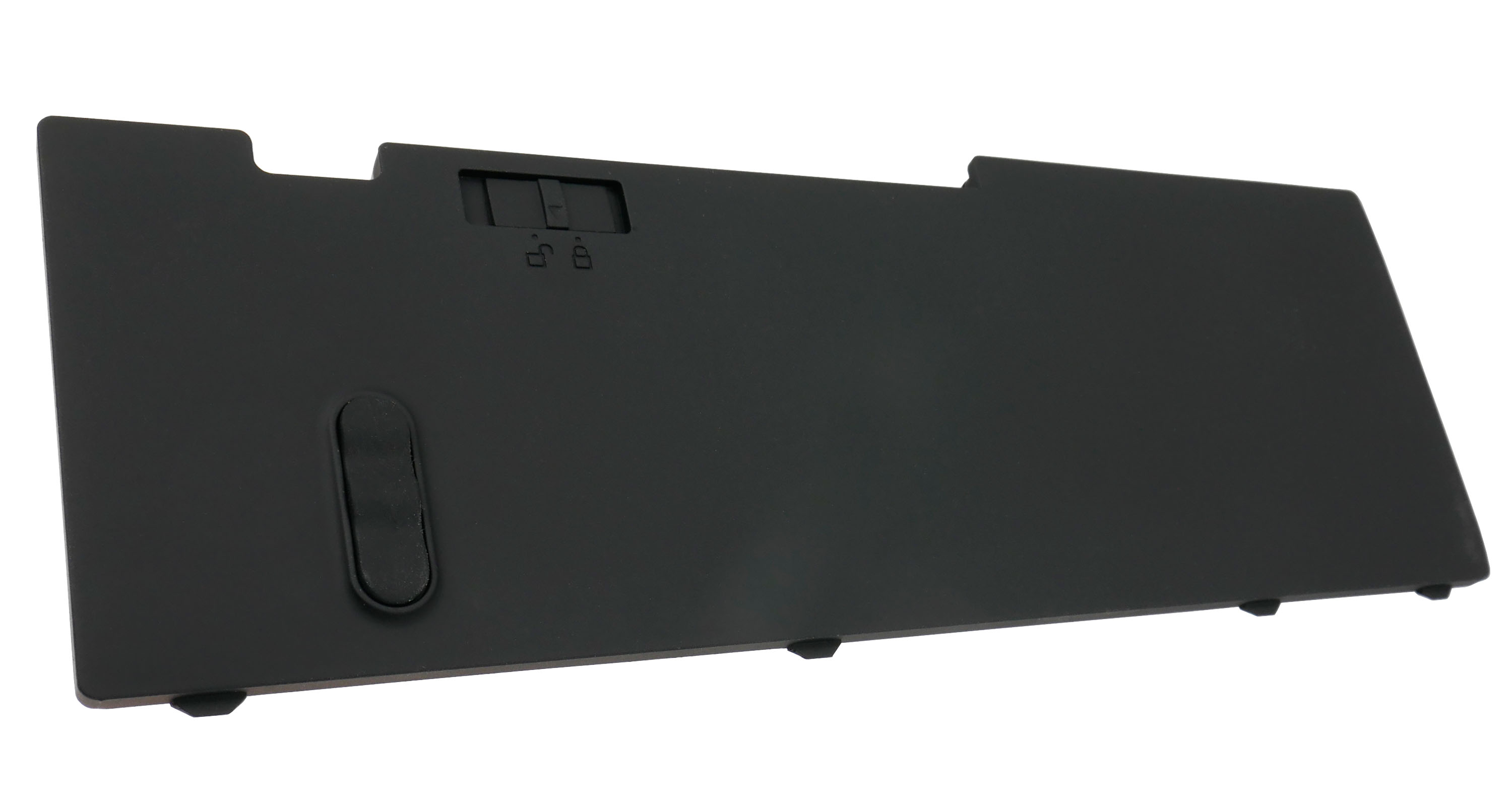 Czarna bateria do laptopa z mechanizmem blokującym i wskaźnikami ładowania.