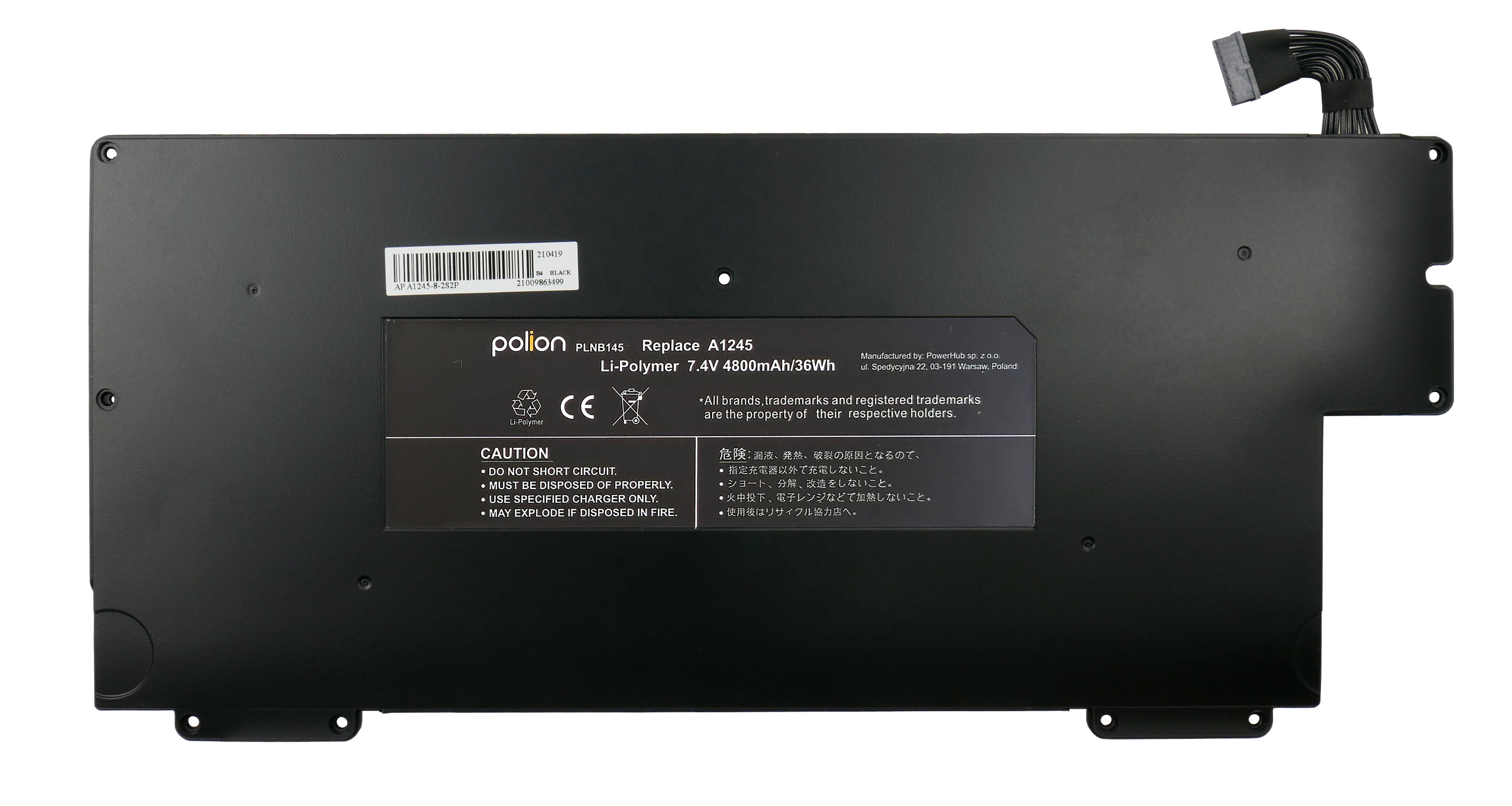 Czarna bateria do laptopa z kablami i etykietą. Li-Polymer 7.4V 4800mAh/36Wh.