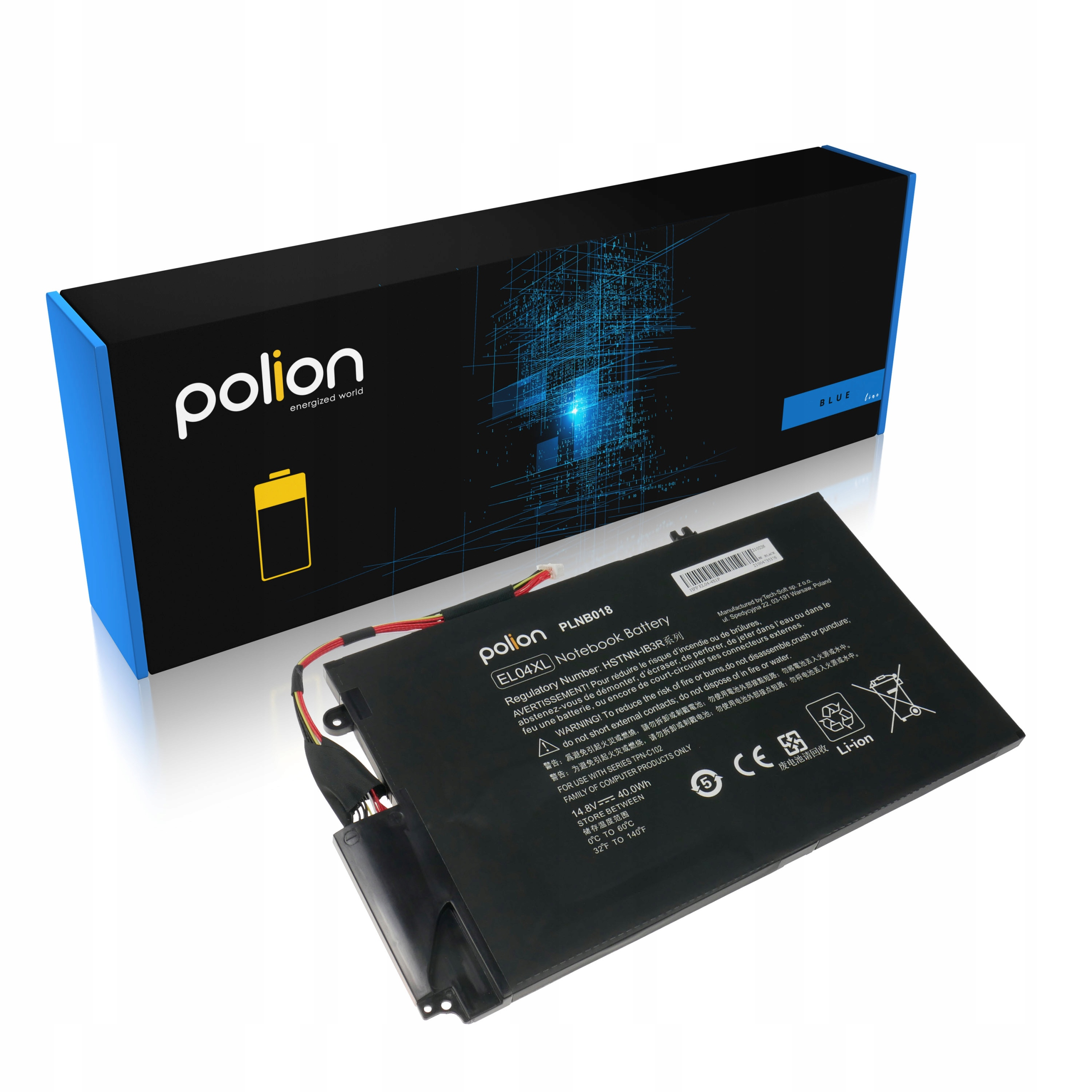 Bateria do laptopa Polion z kablami i ostrzeżeniami na czarnym tle.