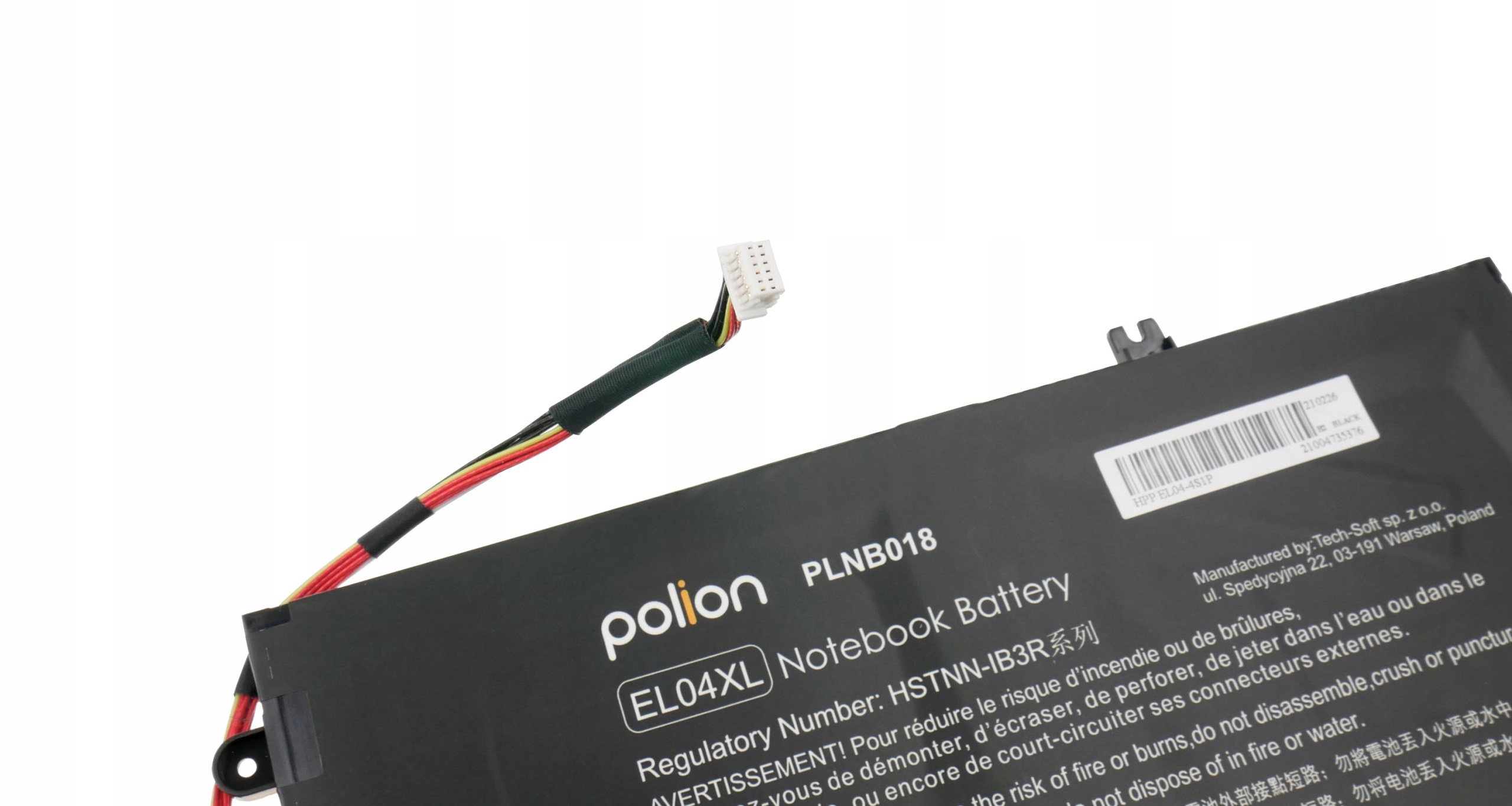 Czarny akumulator do laptopa z kablami i etykietami. Polion EL04XL.