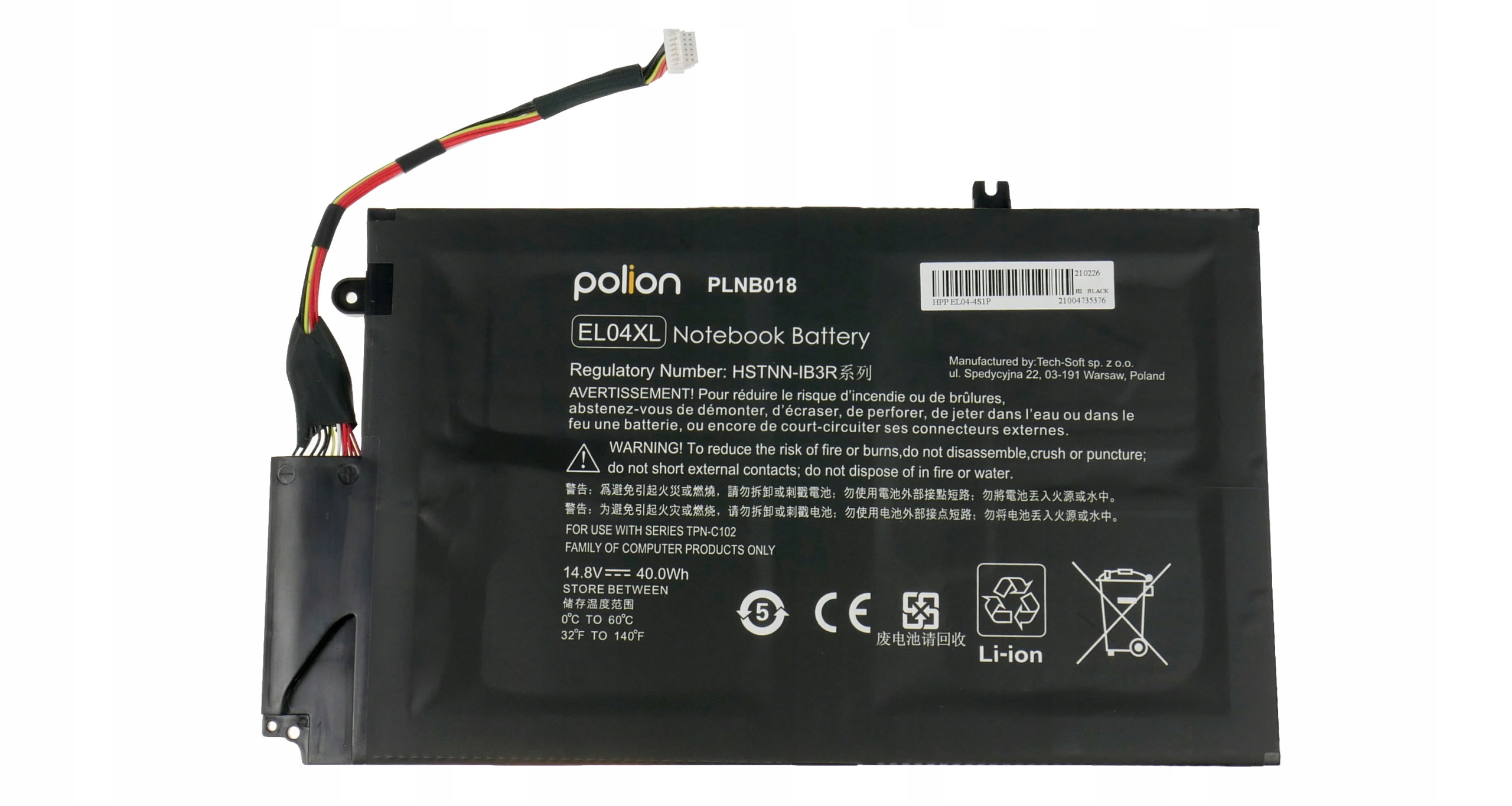 Czarna bateria laptopa Li-ion Polion z kablami i ostrzeżeniami.