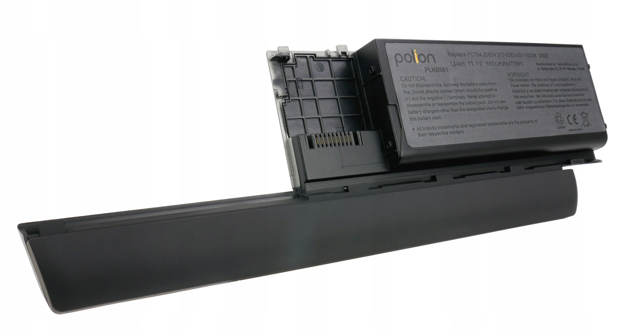 Czarny akumulator litowo-jonowy z logo polon i tekstem ostrzegawczym.