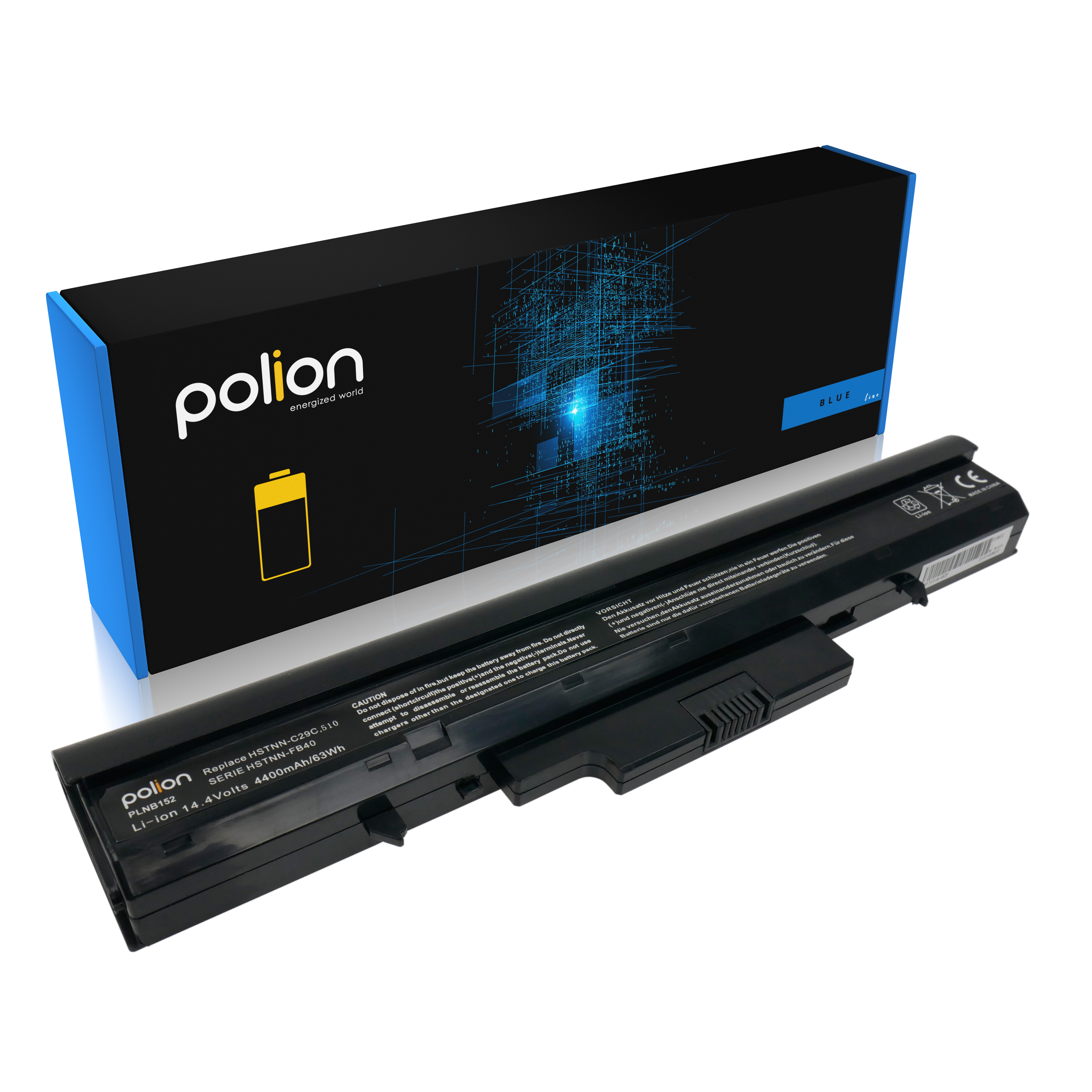 Czarna bateria do laptopa leży przed pasującym niebiesko-czarnym opakowaniem.