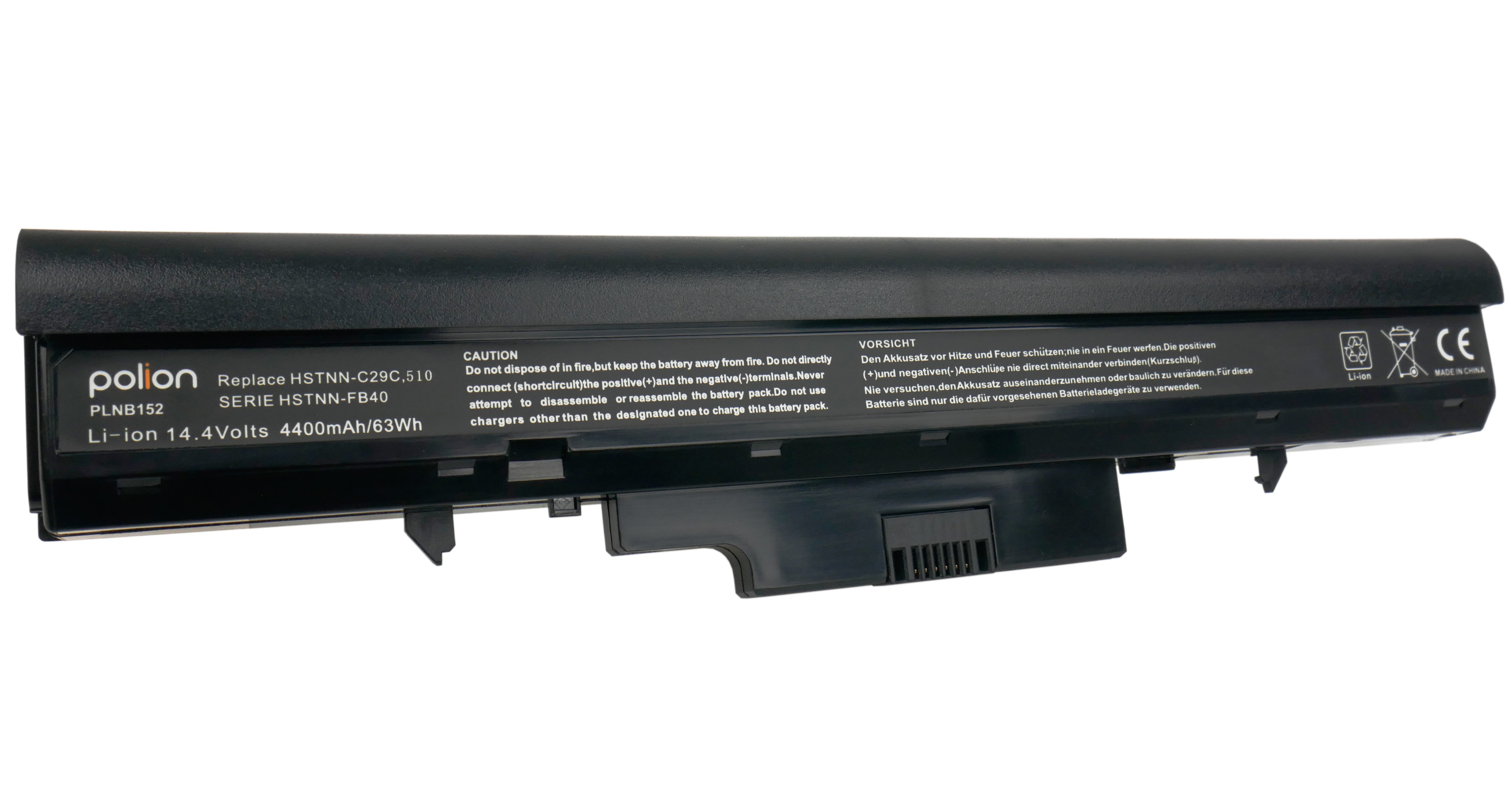 Czarna bateria do laptopa z napisem: Polion, Li-ion 14.4V 4400mAh/63Wh.