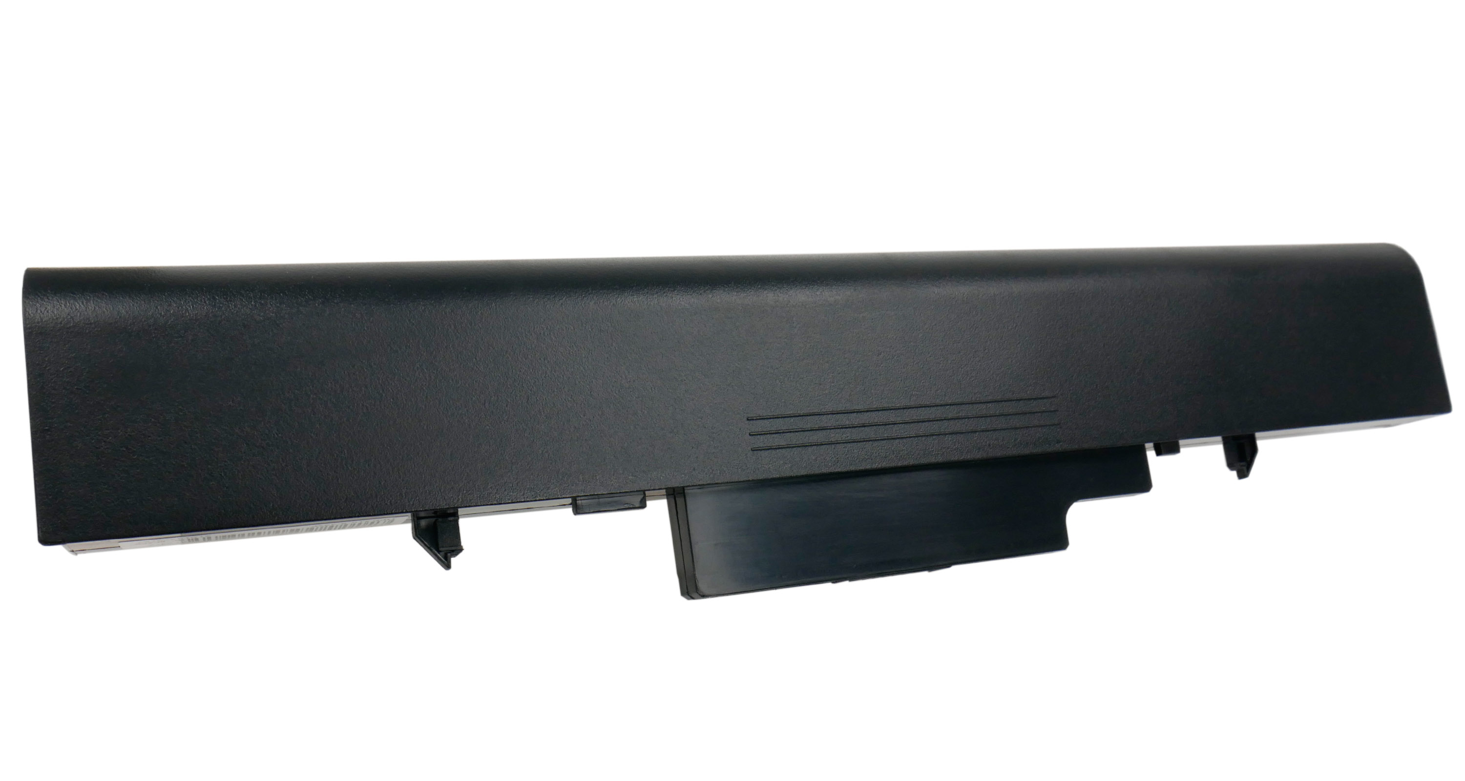 Czarny akumulator do laptopa z klipsami na białym tle.