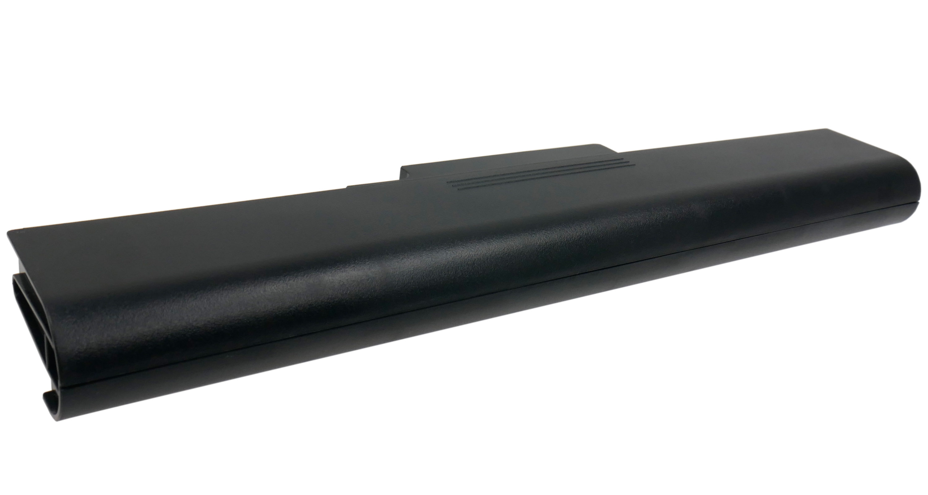 Czarna bateria do laptopa z rowkowaną górą, na białym tle.