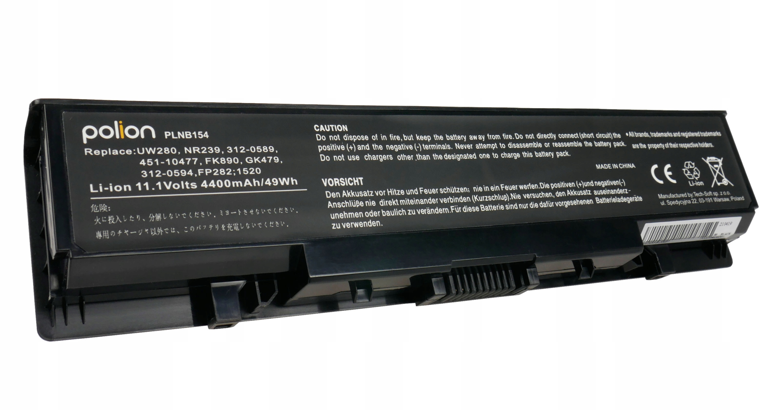 Czarna bateria do laptopa Polion, model PLNB154, 11.1V 4400mAh.
