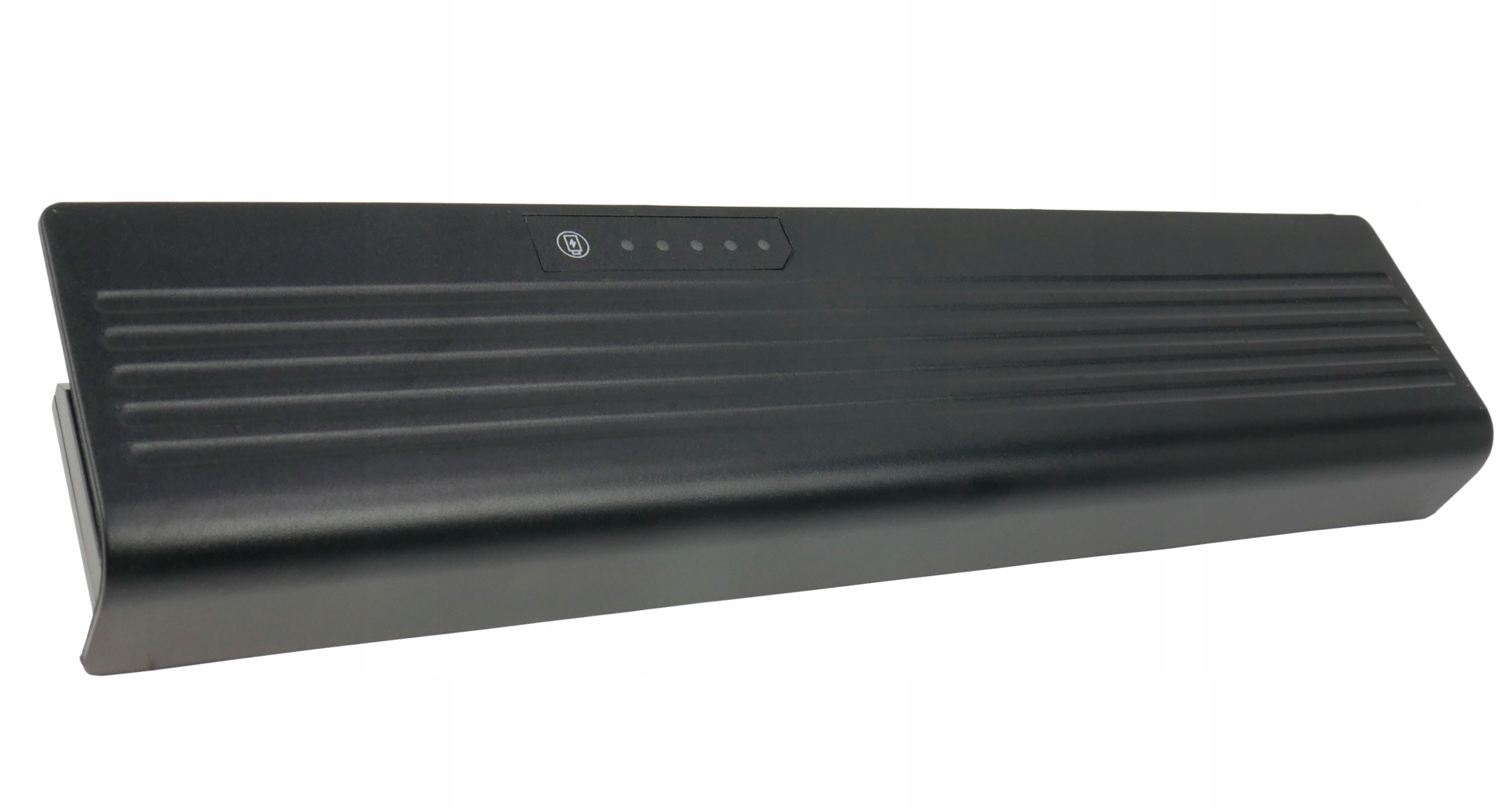 Czarny akumulator ze wskaźnikami naładowania i prążkowaną teksturą.