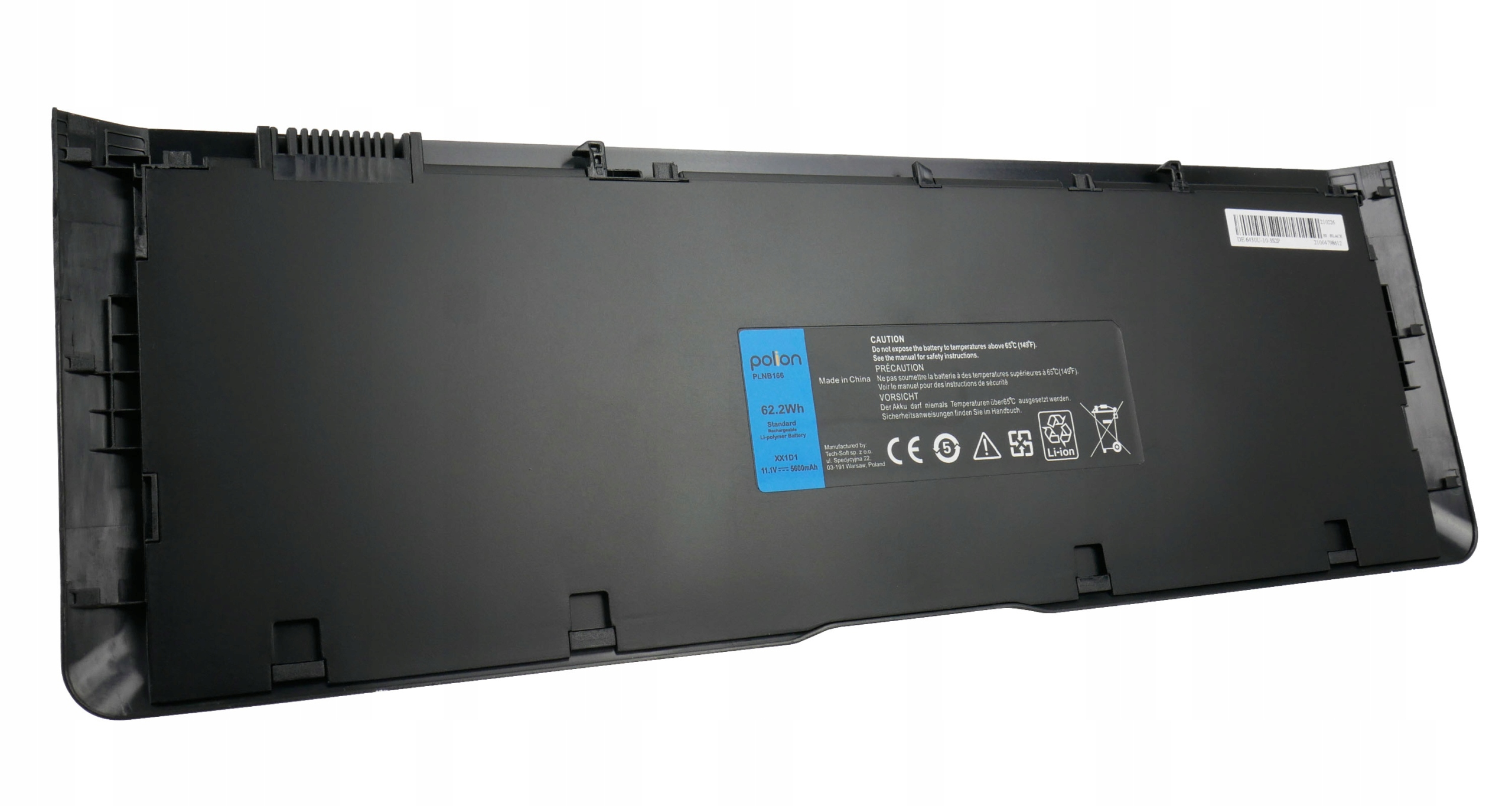 Czarna bateria do laptopa z marką, modelem i specyfikacją.