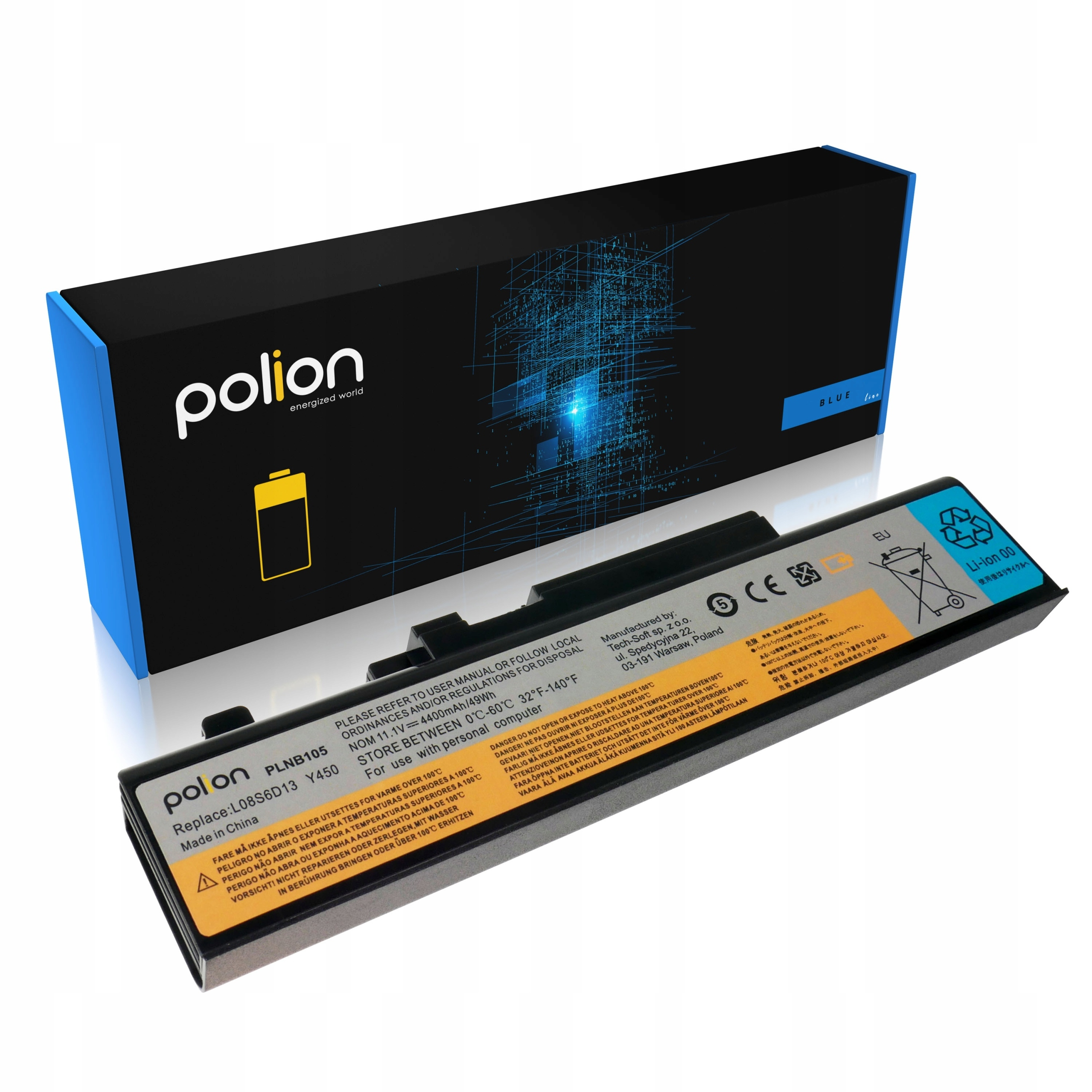Czarna bateria do laptopa leży przed pudełkiem w kolorze niebiesko-czarnym.