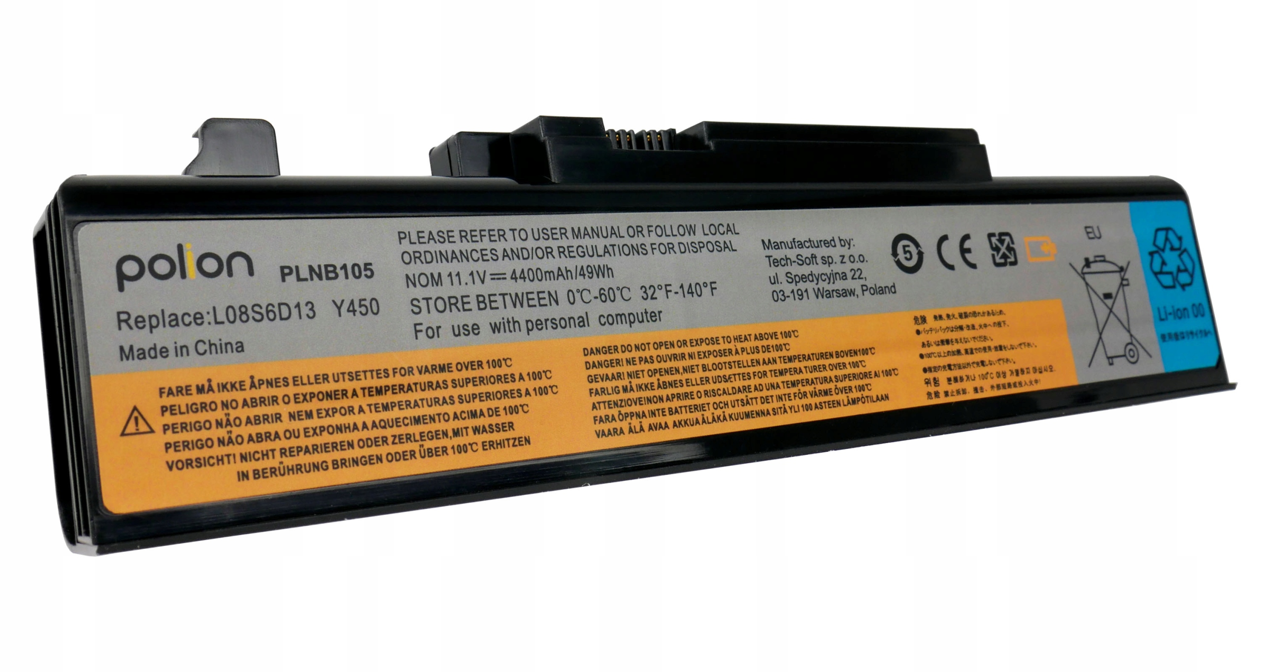 Czarna bateria z etykietami pokazującymi markę, model i ostrzeżenia.