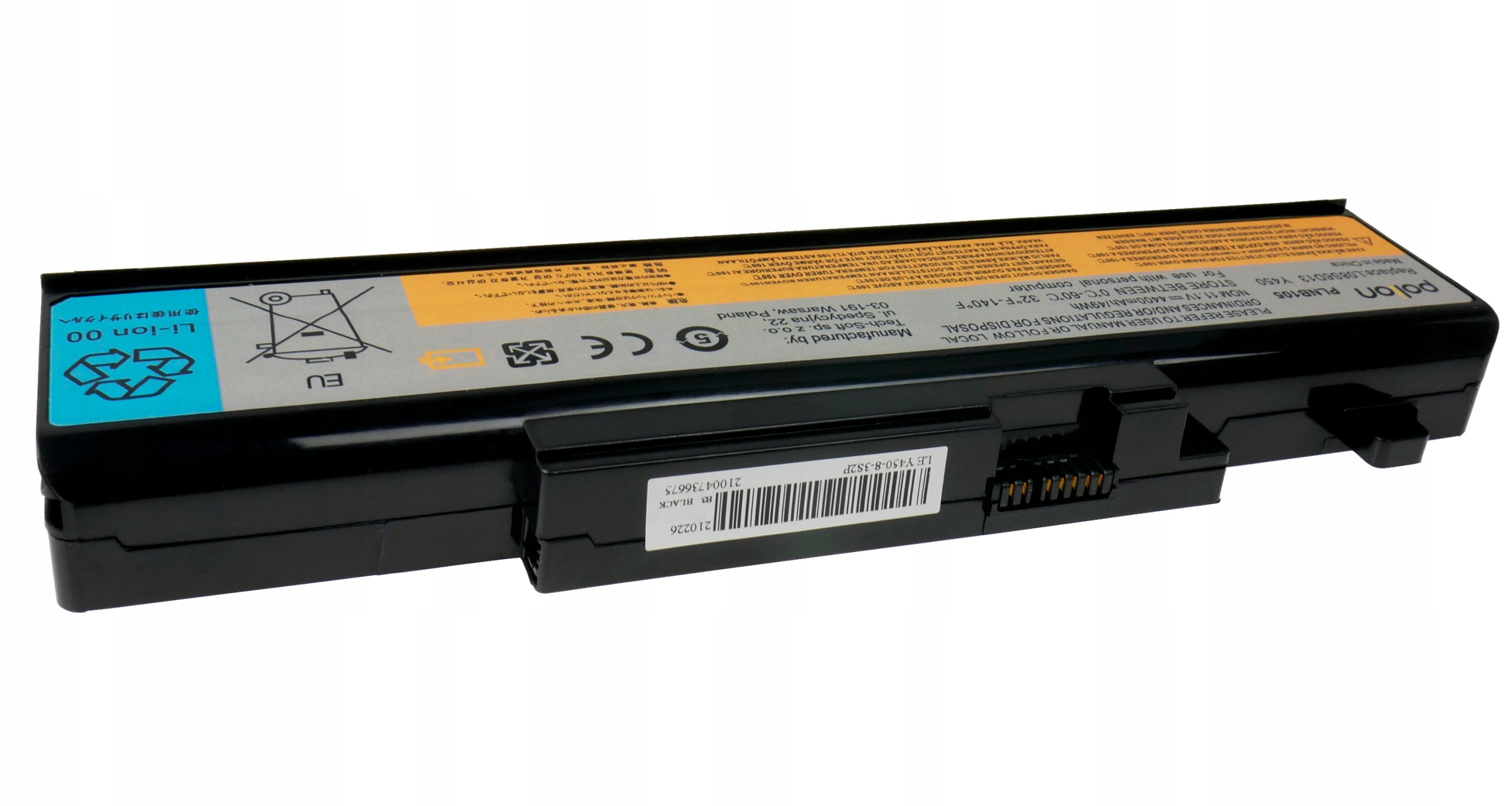 Czarna bateria Li-Ion z niebieskimi i żółtymi etykietami, znakiem CE i symbolami ostrzegawczymi.