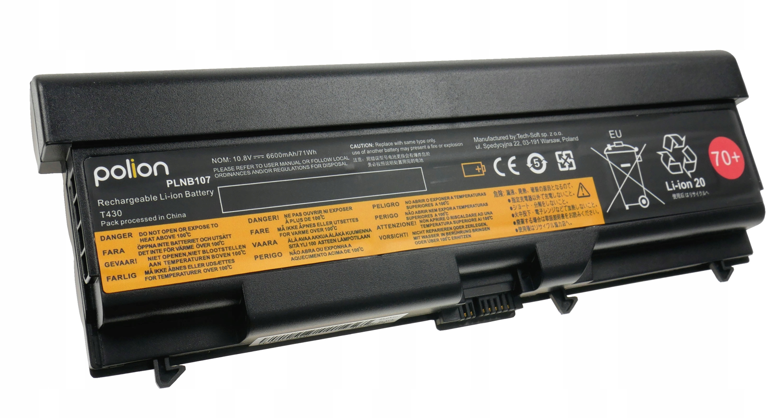 Czarna bateria polion Li-ion PLNB107 T430 z etykietami ostrzegawczymi.