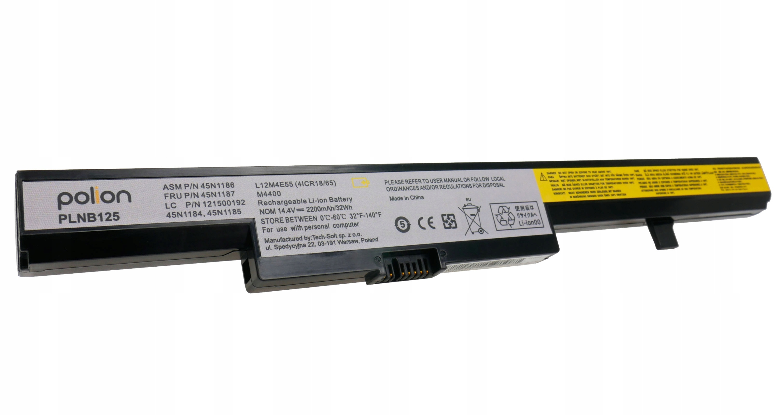 Czarna bateria do laptopa z srebrną etykietą i napisami, model PLNB125.