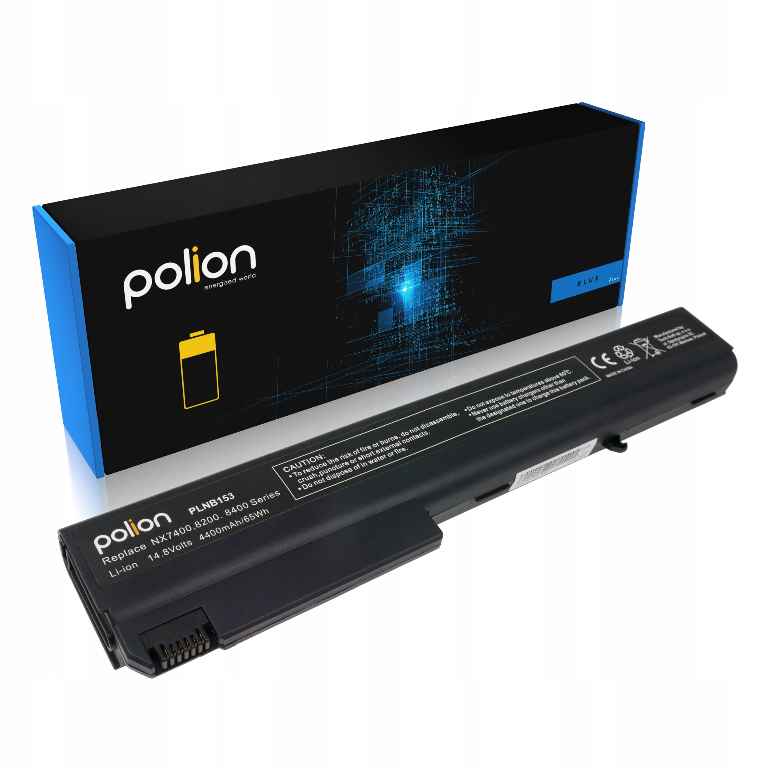Czarna bateria laptopa Polion w niebieskim opakowaniu, z widocznymi ostrzeżeniami.
