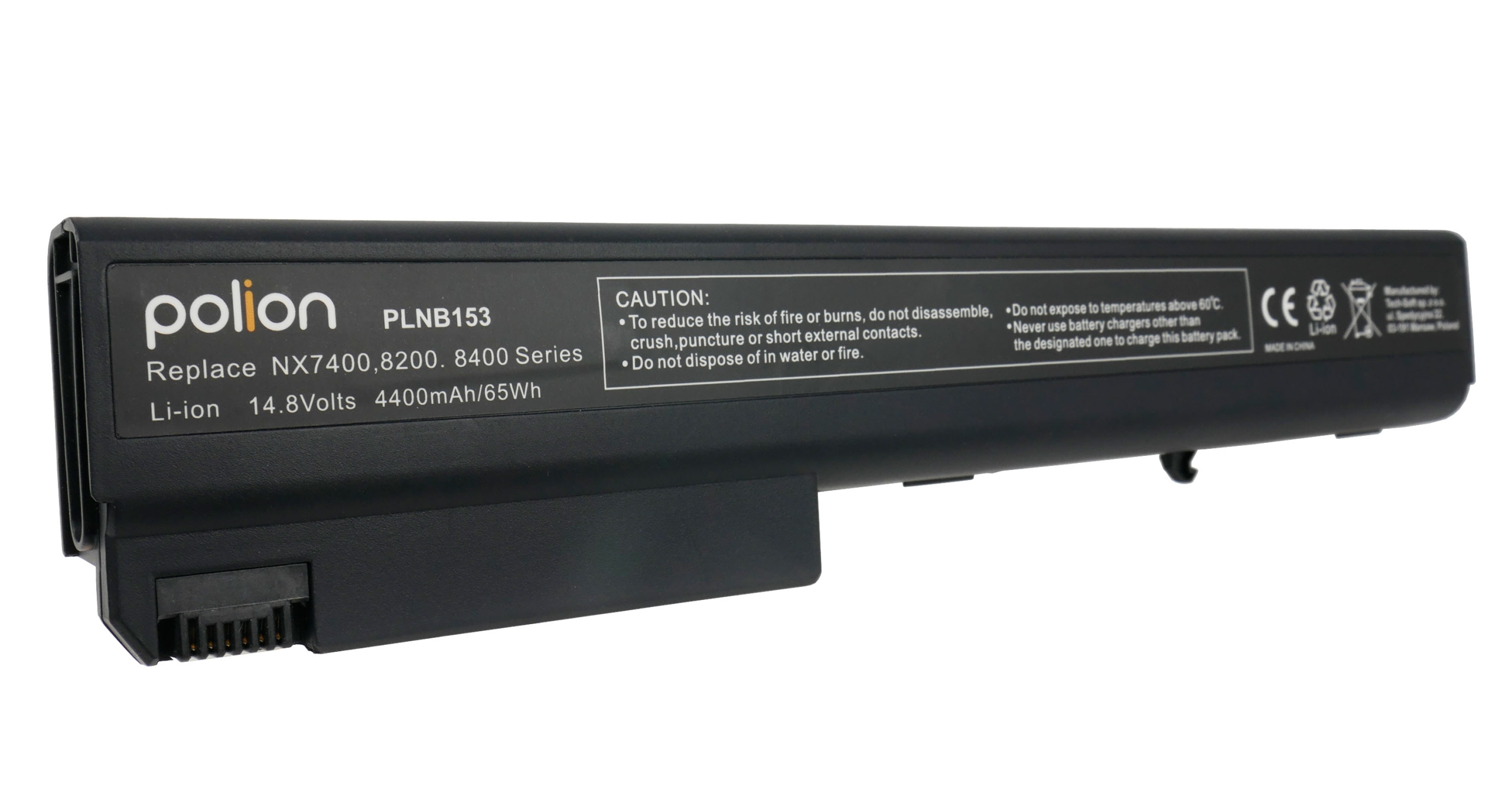 Czarna bateria do laptopa z etykietami, 14,8V, 4400mAh.