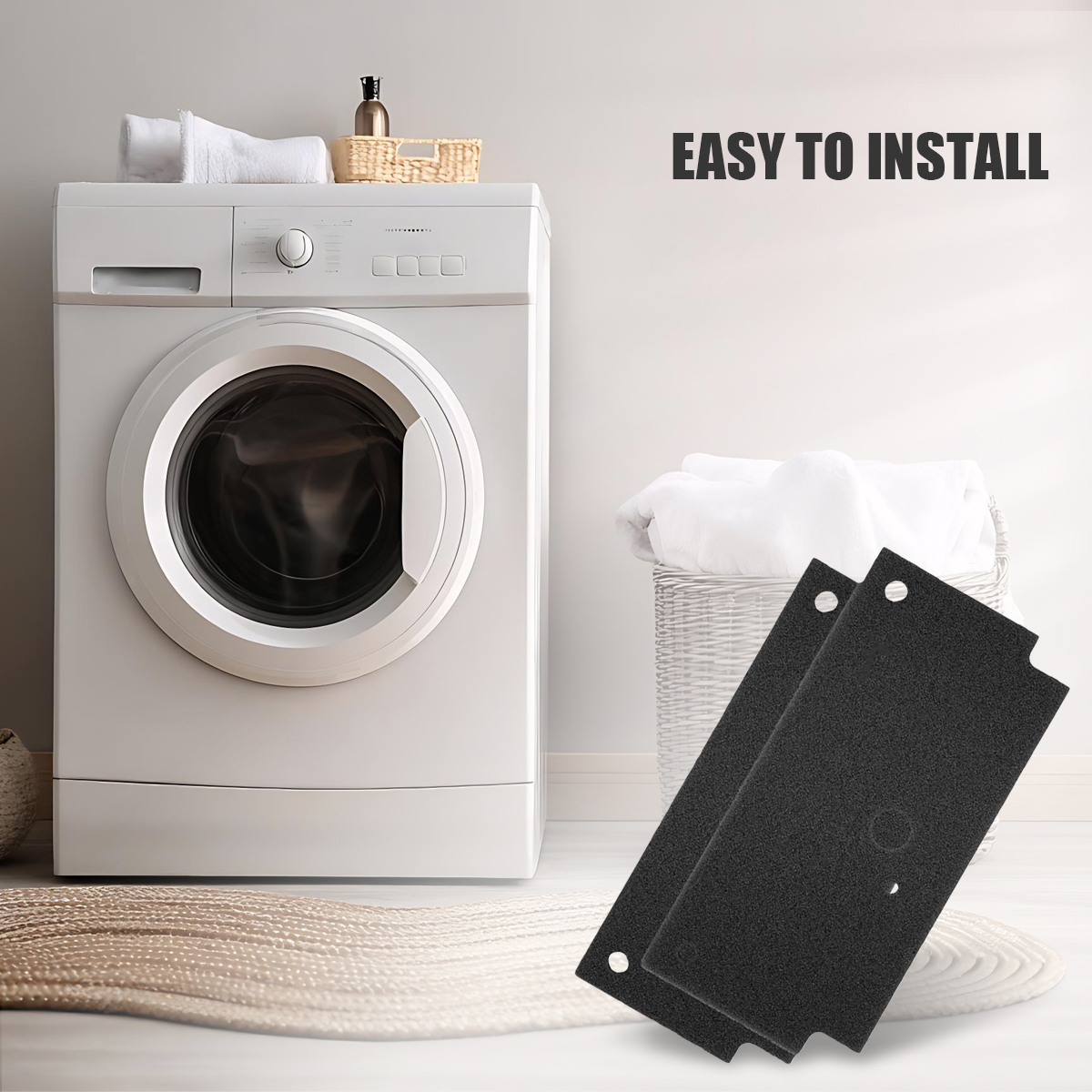 Machine à laver avec deux filtres noirs et un panier à linge.