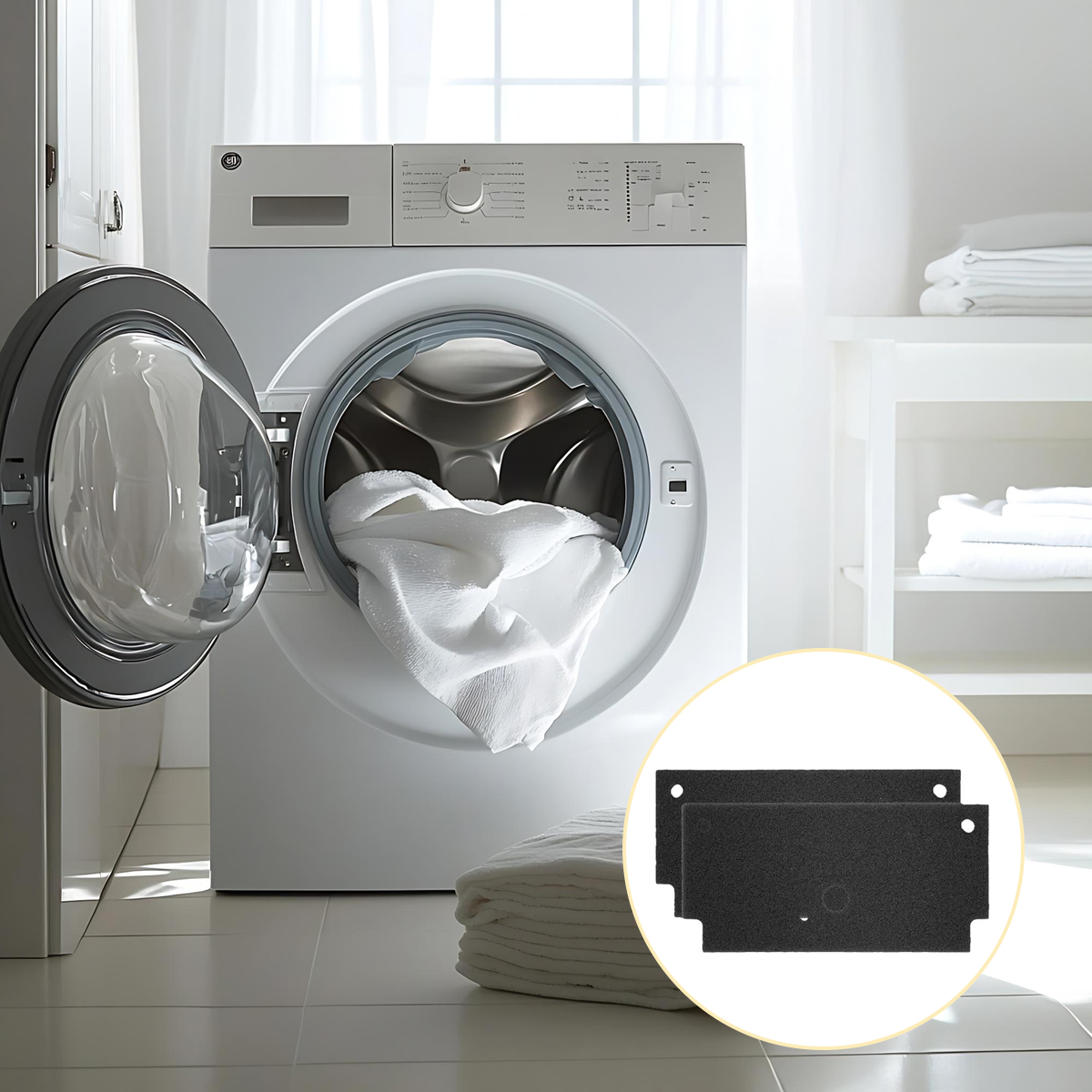 Machine à laver ouverte avec linge blanc, deux filtres noirs en cercle.