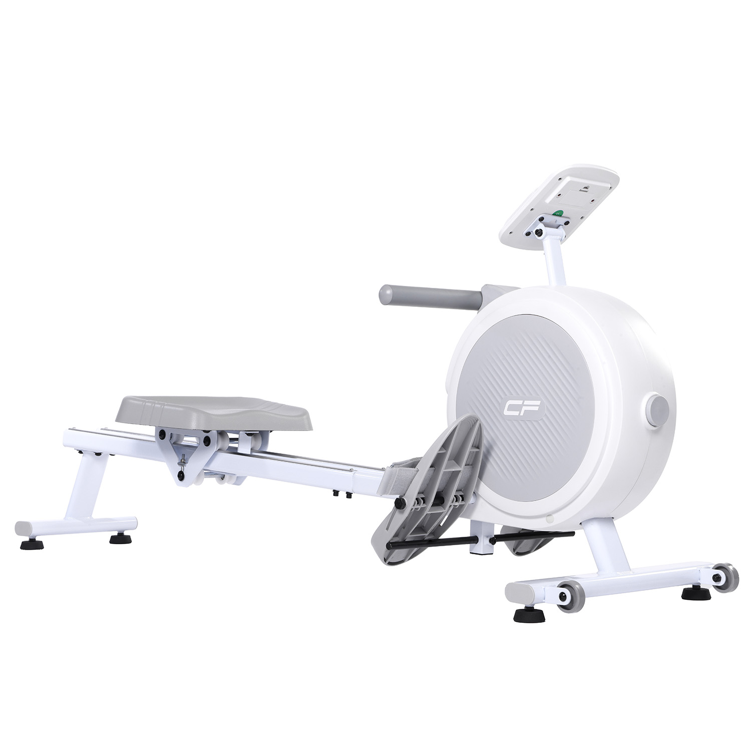 Máquina de remo blanca con asiento y reposapiés grises sobre fondo blanco.