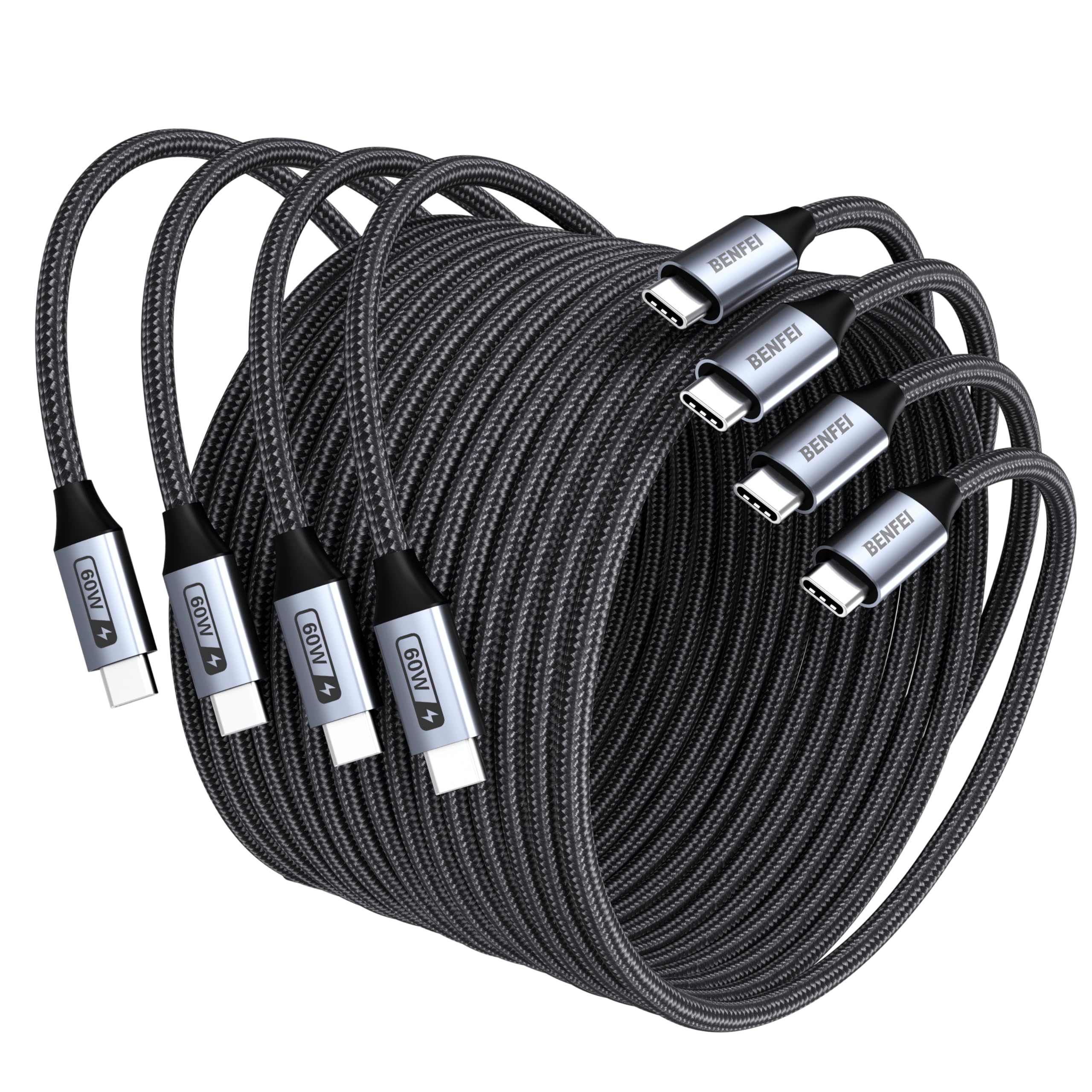 Fünf schwarze USB-C-Kabel mit 60W-Markierung, aufgerollt.