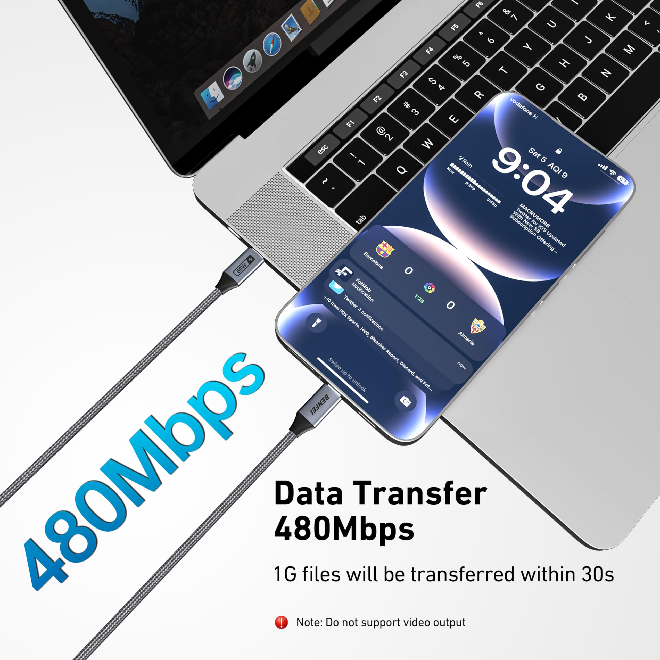 Laptop mit angeschlossenem Handy und Kabel mit 480Mbps