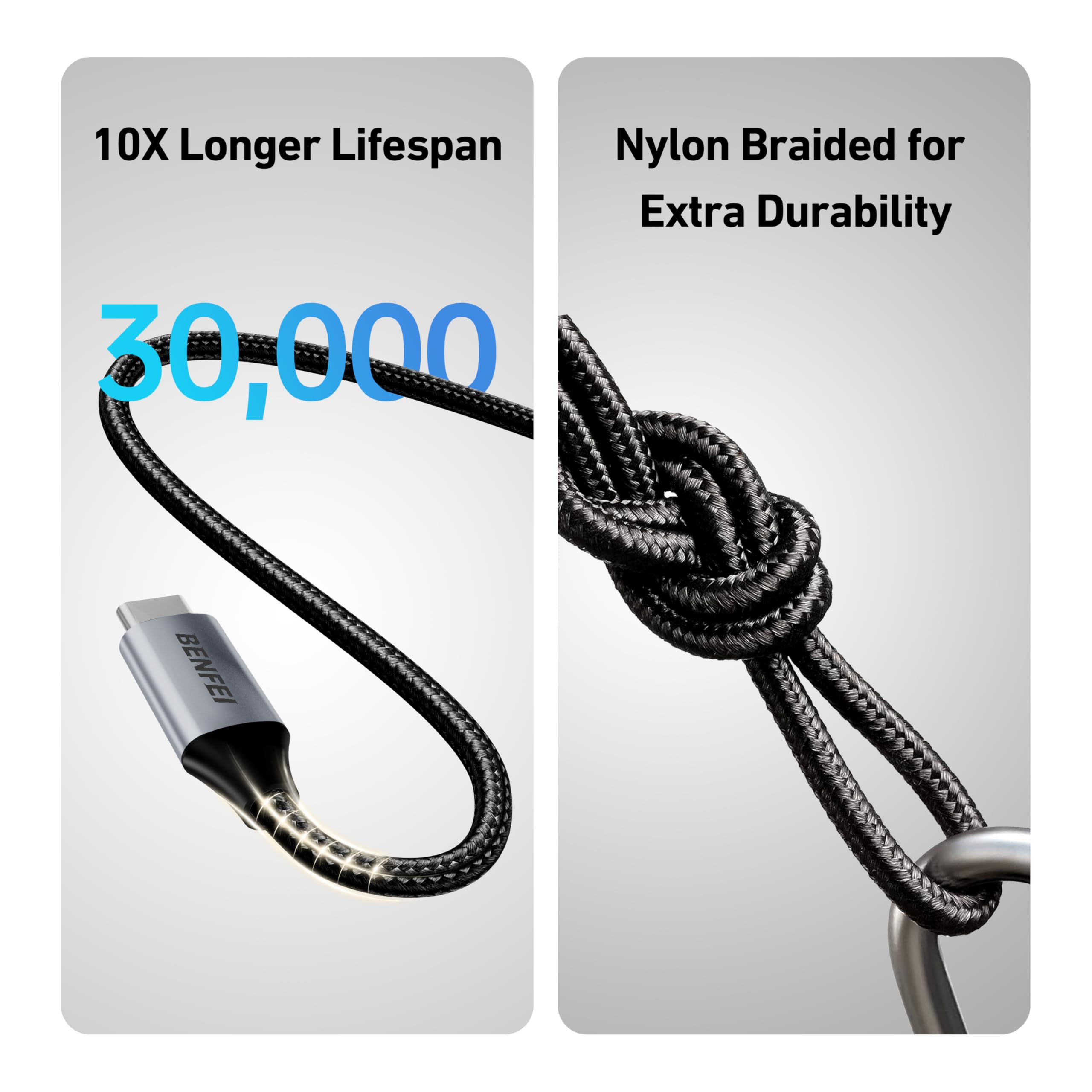 Schwarzes USB-C-Kabel mit silbernem Stecker, 30.000 Zyklen, geknotet.