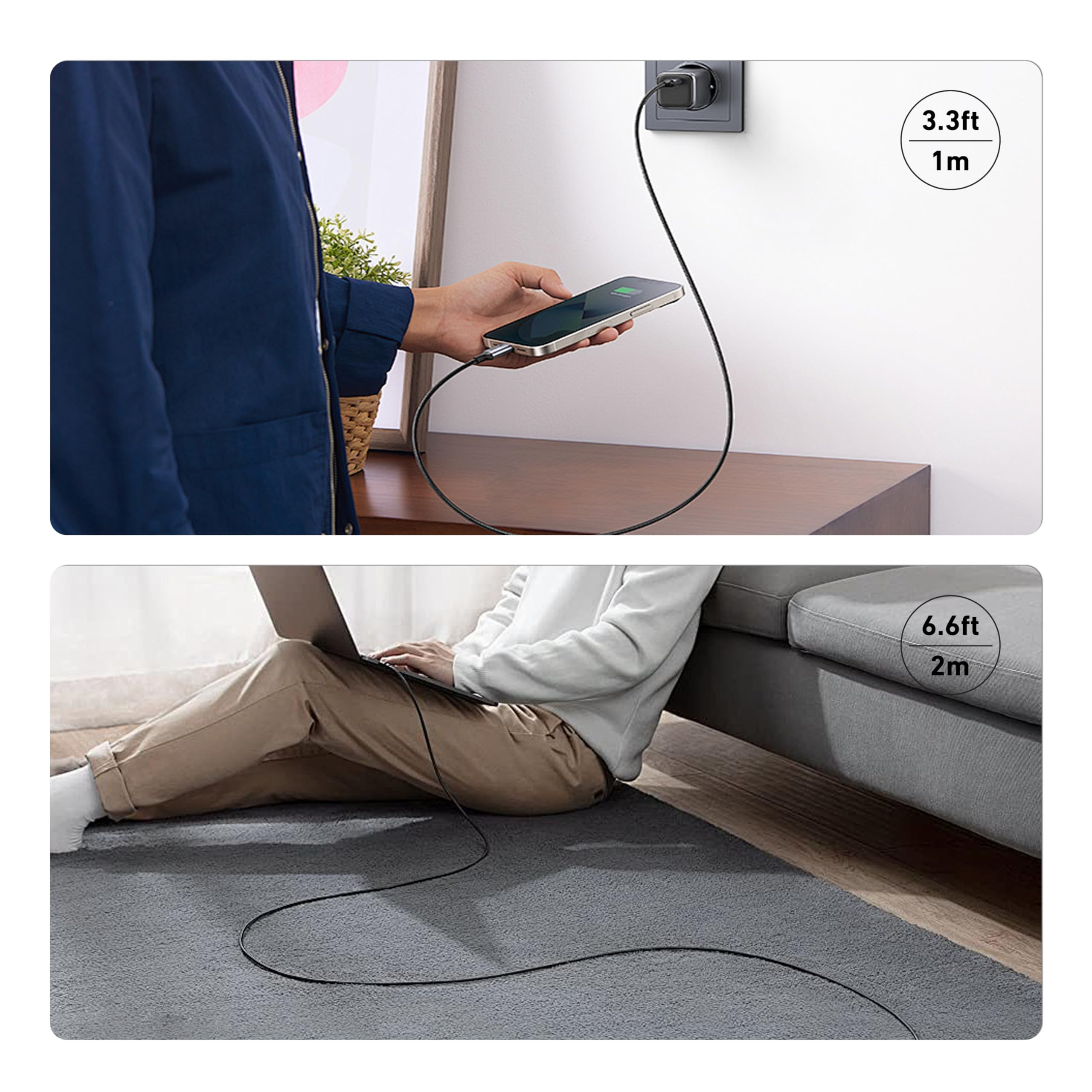 Mann lädt Handy, sitzt mit Laptop auf dem Teppich.