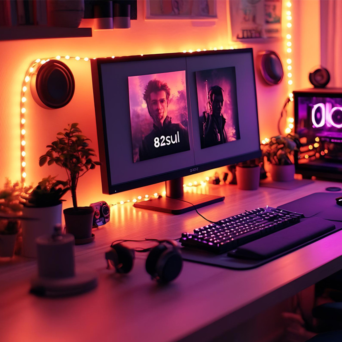 Biurko z dwoma monitorami, klawiaturą, słuchawkami i oświetleniem nastrojowym.