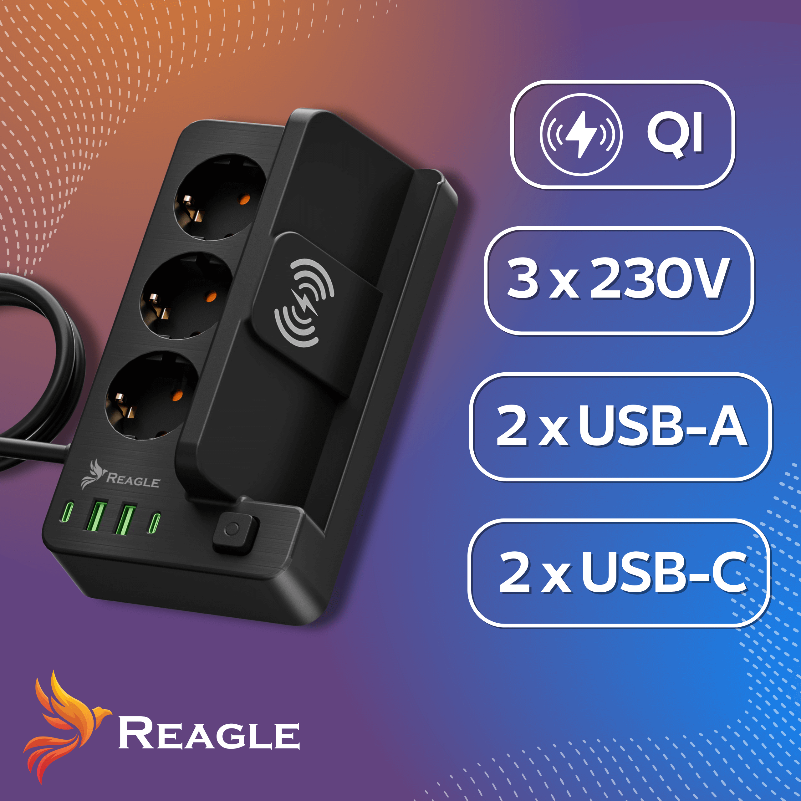 Czarna listwa zasilająca z 3 gniazdami, 2 USB-A, 2 USB-C i ładowaniem Qi.