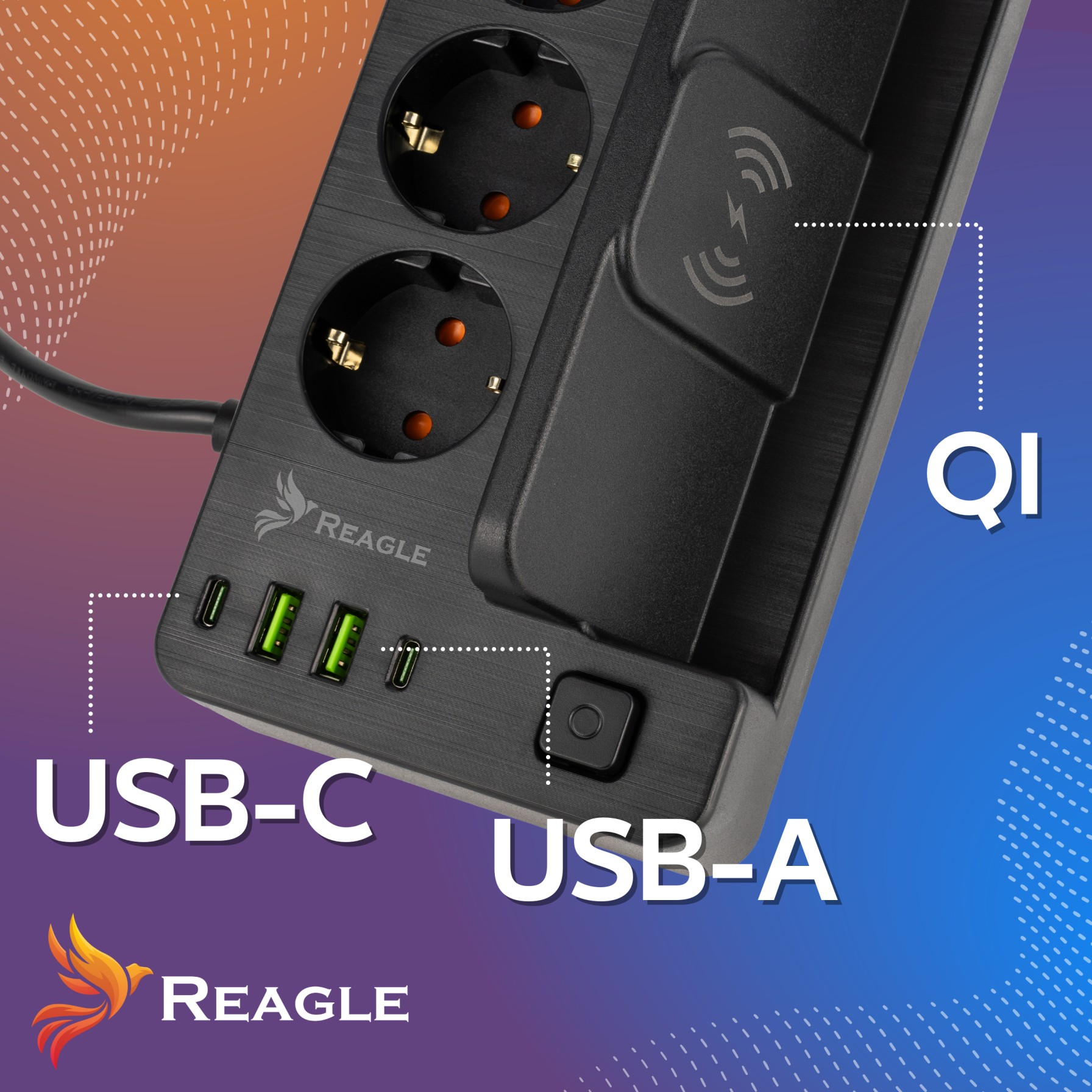 Czarna listwa zasilająca z wieloma gniazdami, portami USB-C, USB-A i ładowaniem bezprzewodowym Qi.