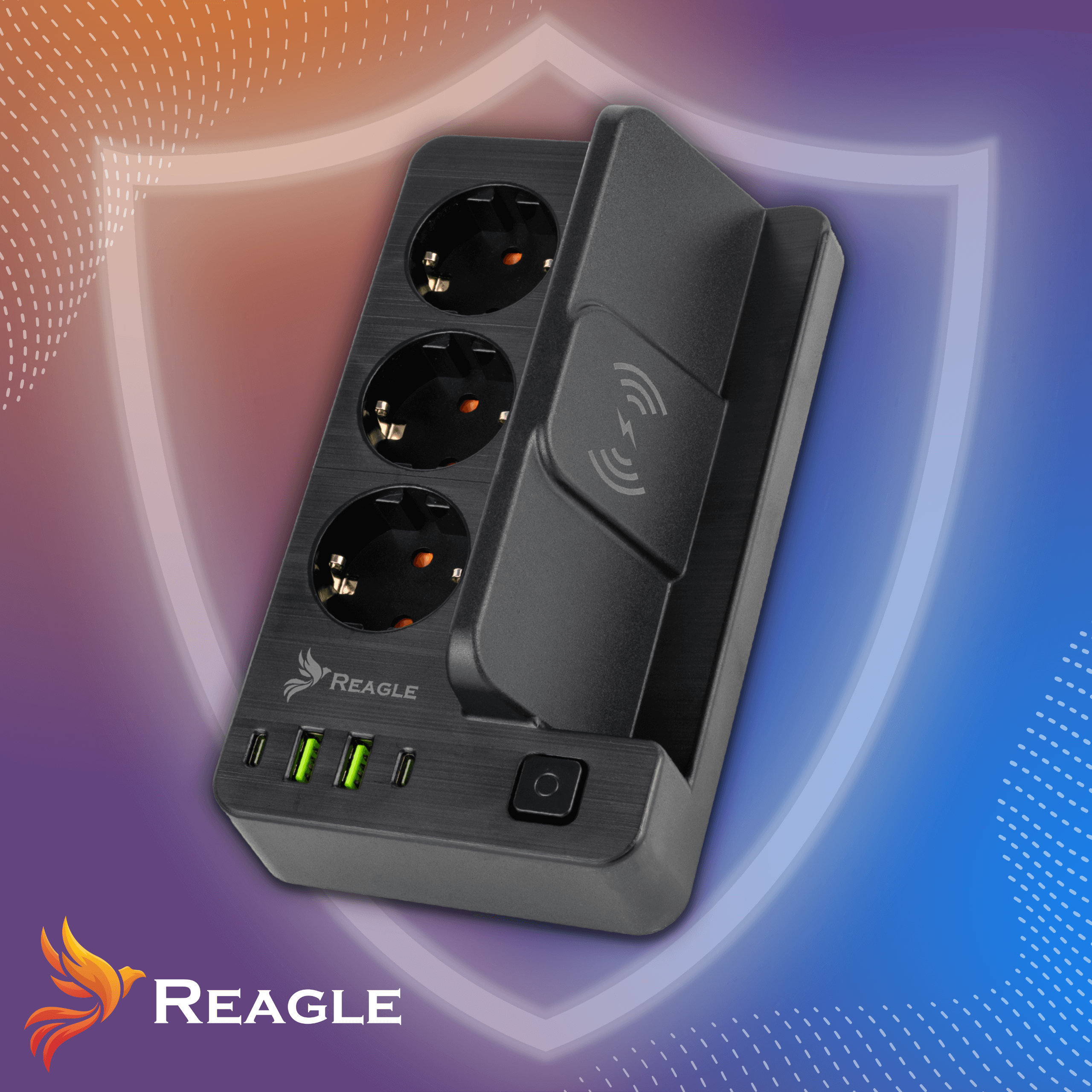 Czarna listwa zasilająca z trzema gniazdami, portami USB i funkcją ładowania bezprzewodowego.