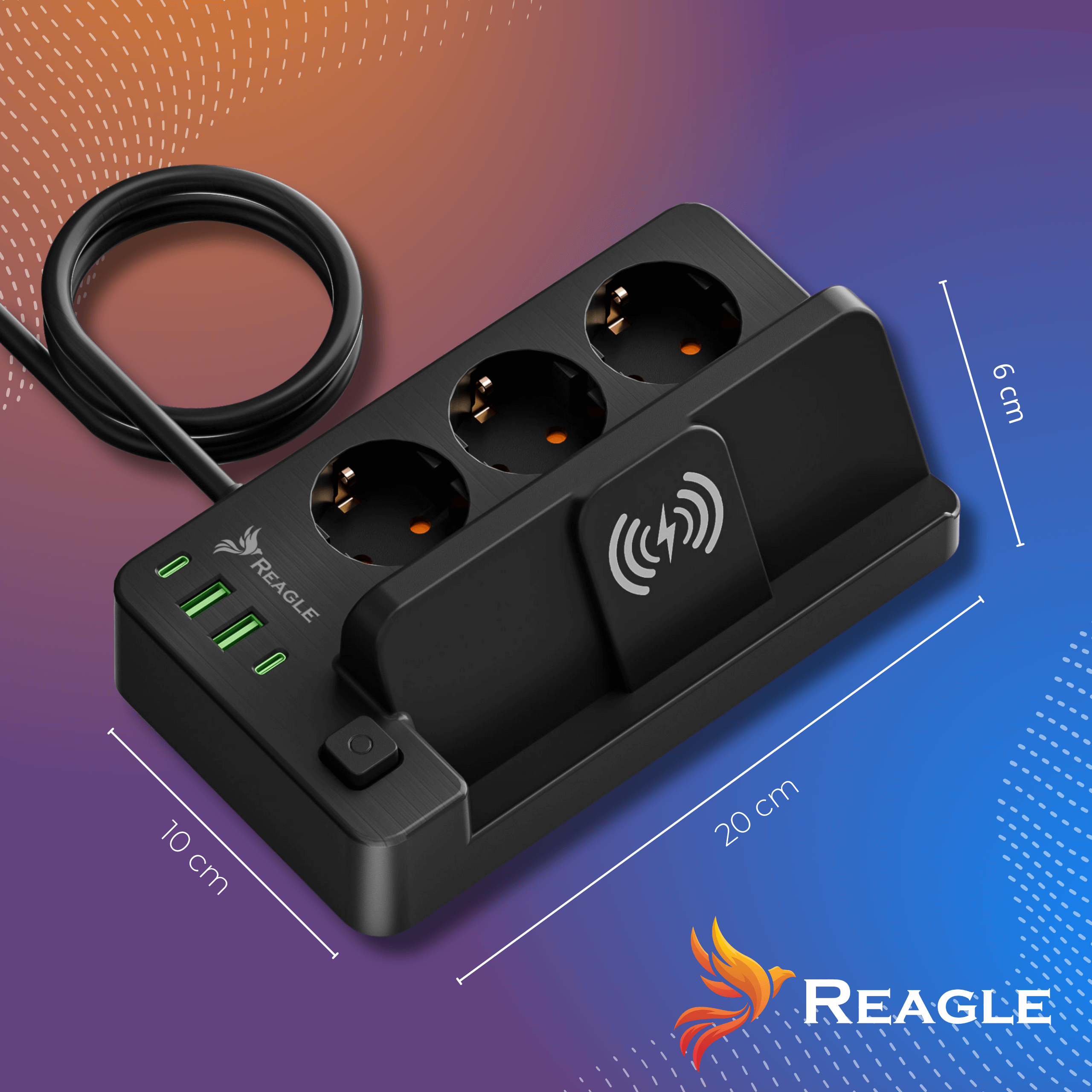 Czarna listwa zasilająca z 3 gniazdami, 3 portami USB i ładowarką bezprzewodową.