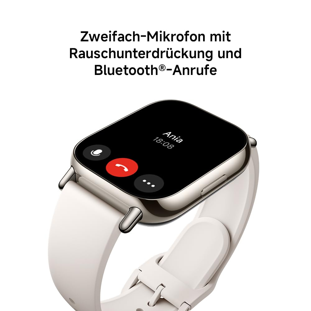 Ein Smartwatch-Display zeigt einen eingehenden Anruf von Ania um 18:08 Uhr.